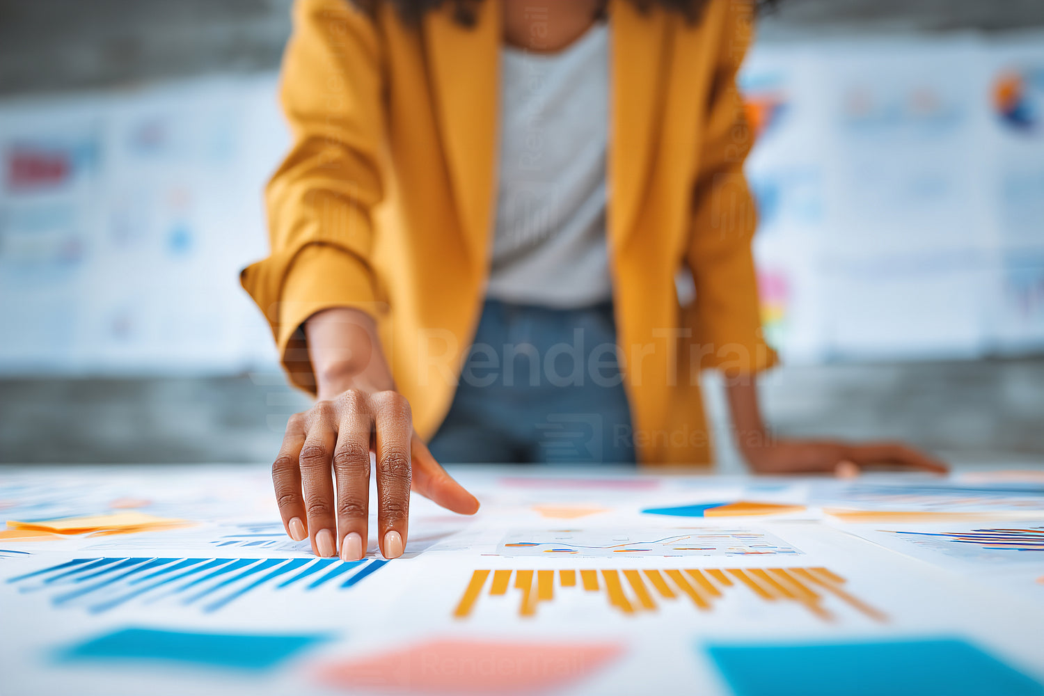Detailed analysis of business charts in a creative workspace environment during daytime