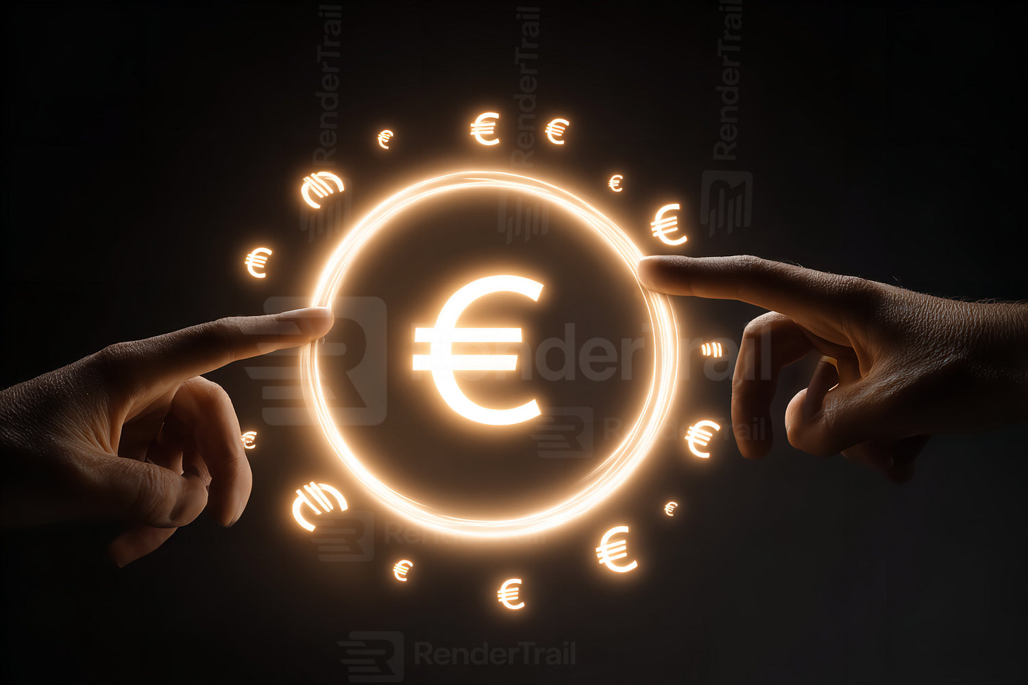 Currency exchange concept with hands reaching for glowing euro symbol in dark background