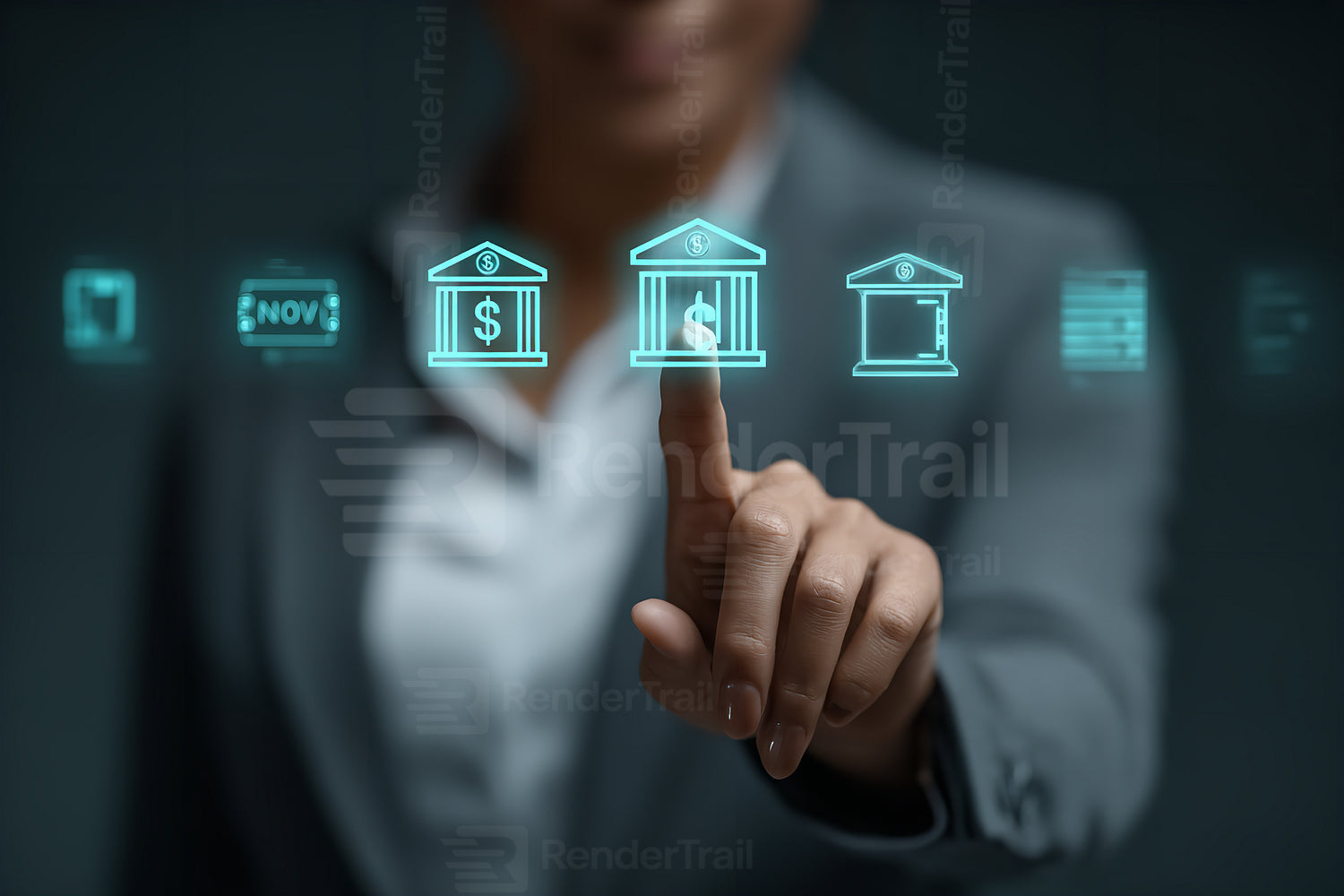 Business professional interacting with virtual banking icons on a digital screen during work hours