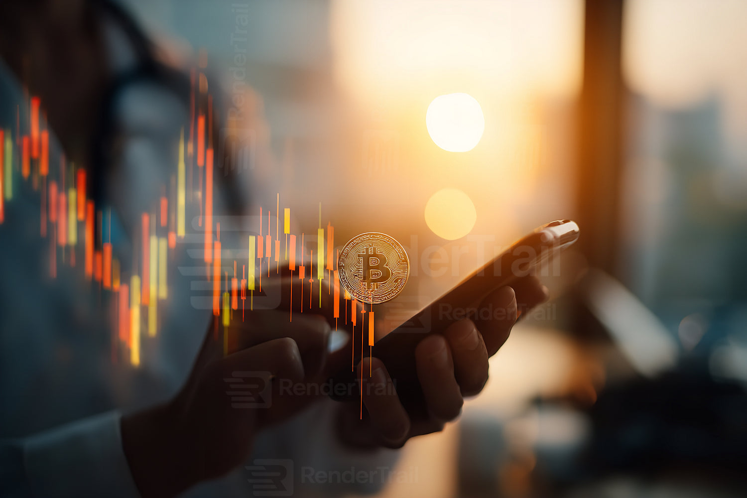 Investing in cryptocurrency during sunset while analyzing charts on a smartphone