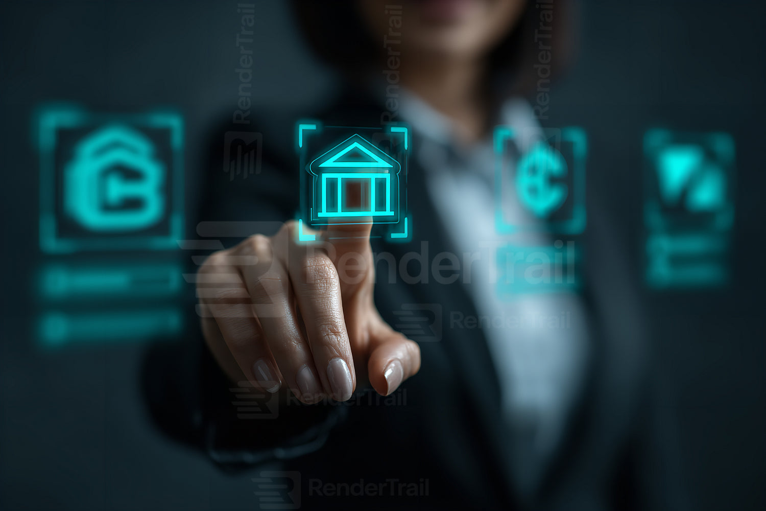 Business professional interacting with digital real estate icons on a touchscreen in a modern office setting