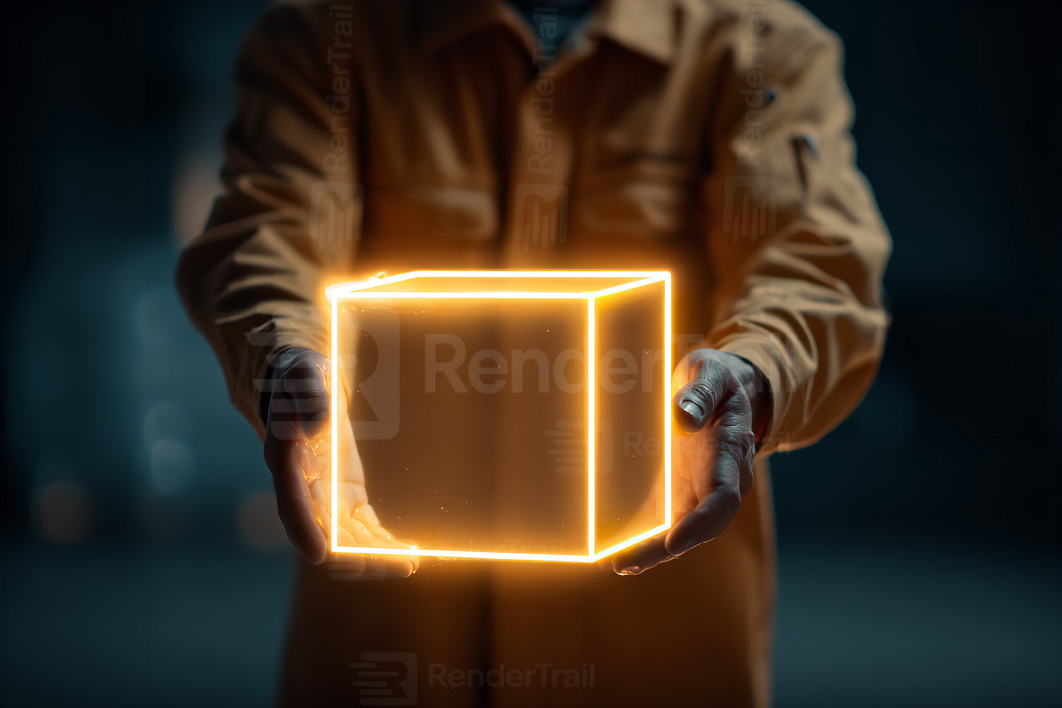 Person holds glowing cube in a dark urban environment showcasing futuristic lighting effects