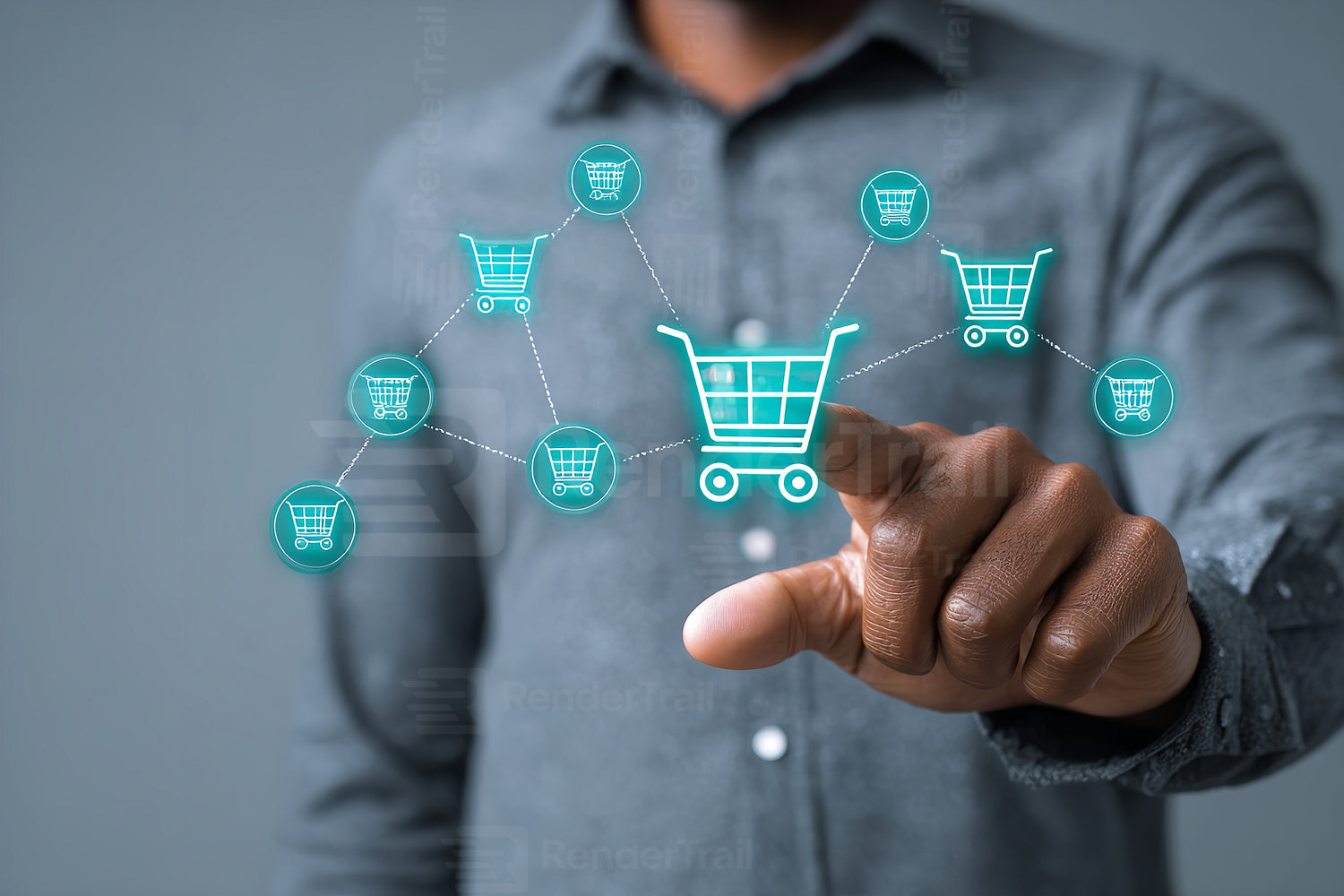 Virtual shopping experience with digital carts and online connections in a modern setting