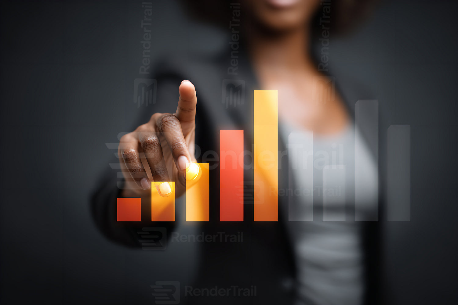 Business professional interacts with digital data display during a corporate meeting in a modern office setting