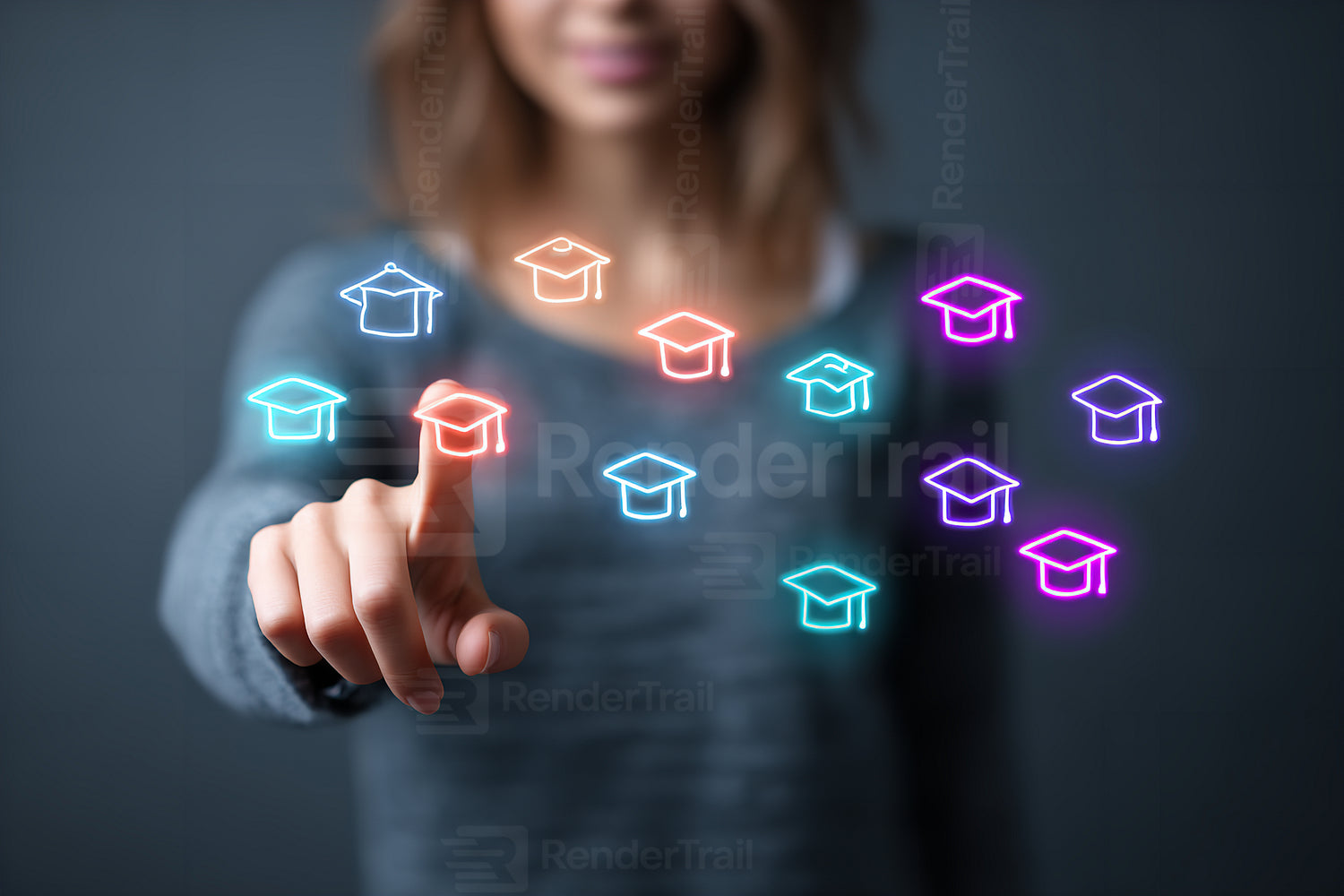 Digital learning and graduation concept with a woman interacting with holographic graduation caps