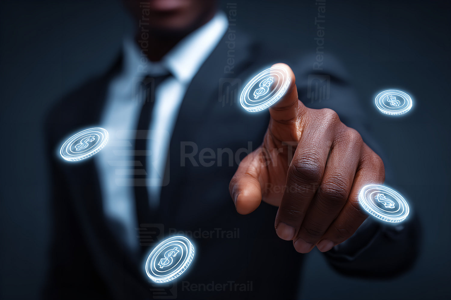 Business professional interacting with digital currency symbols in a modern financial setting