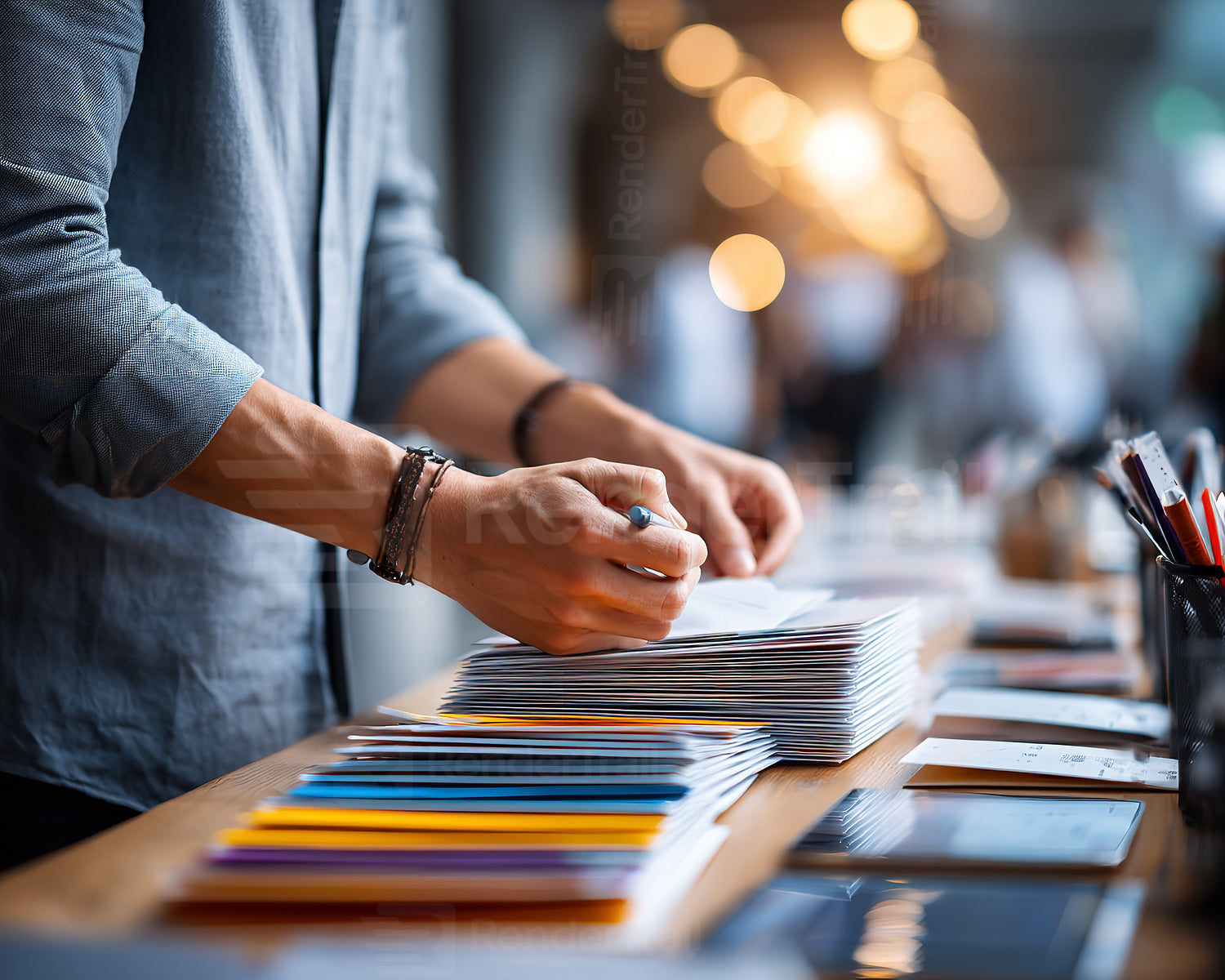 Busy workspace with a person organizing documents and writing notes in a creative environment