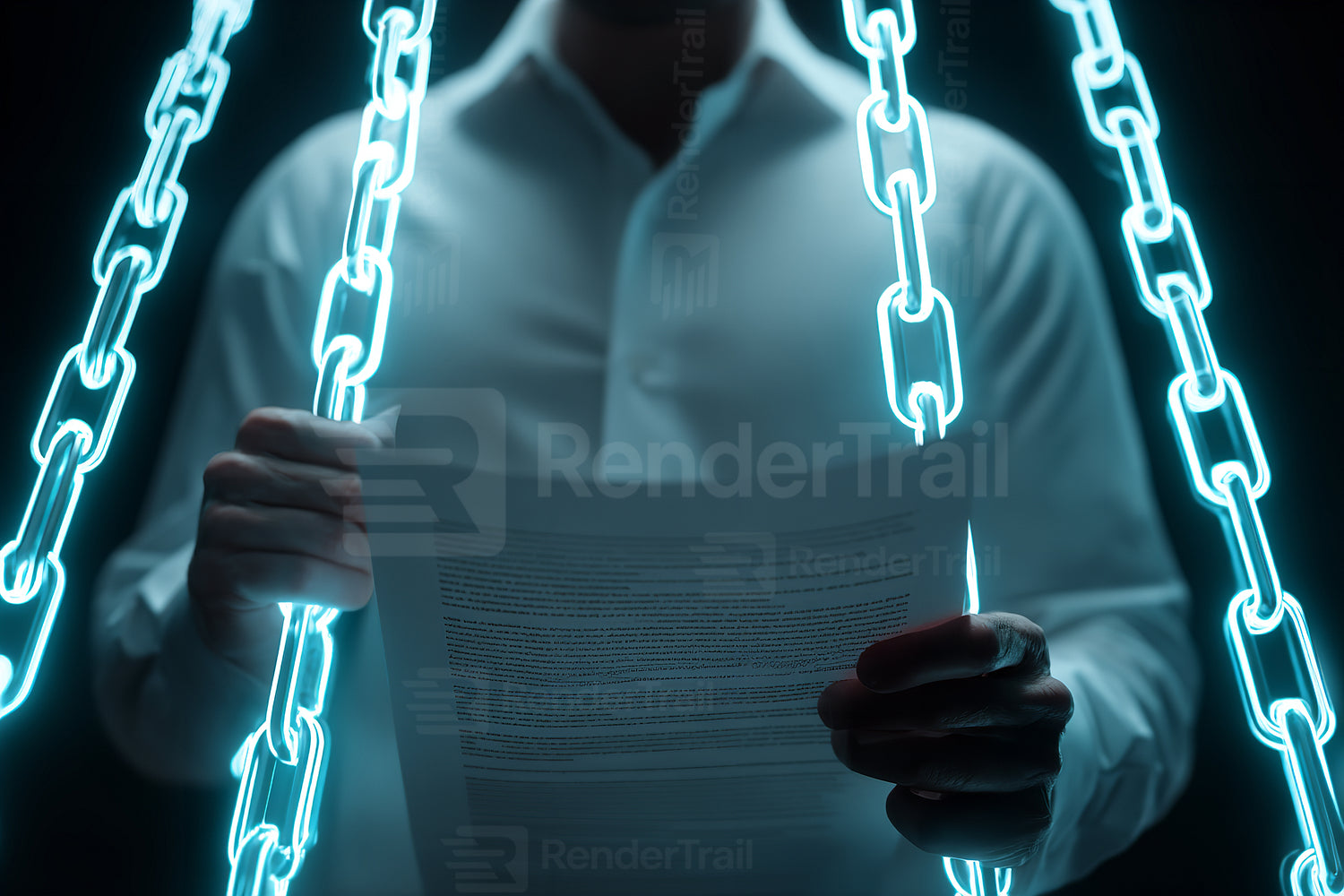 Individual holding document with glowing chains representing restriction or burden in a dark setting during a conceptual scene