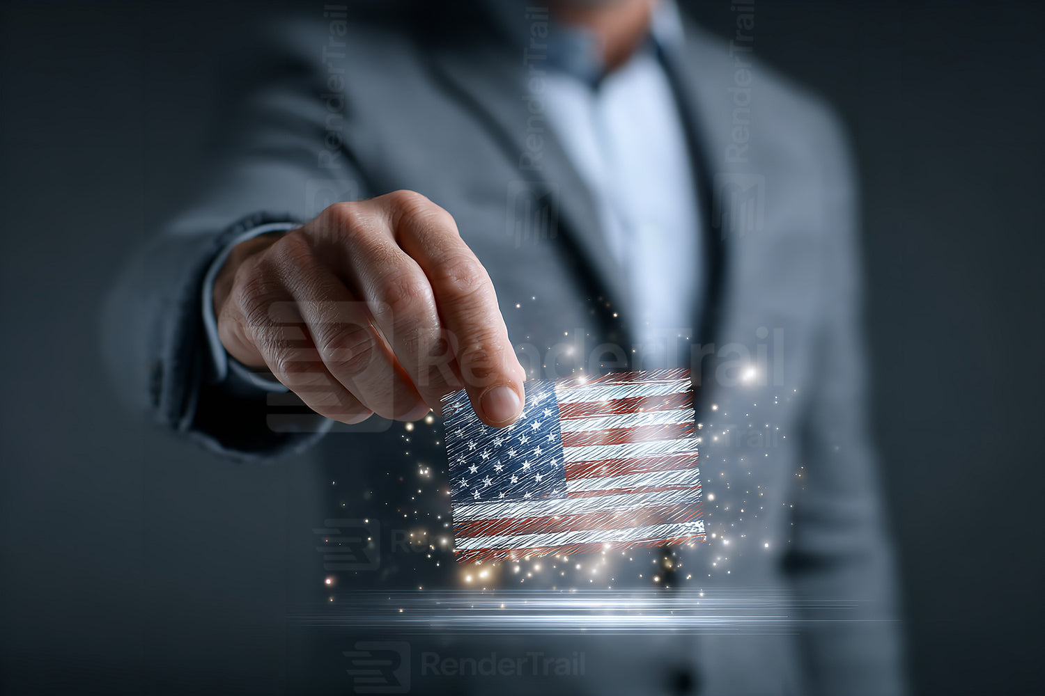 Man holding a glowing American flag symbol in a dark setting during a conceptual expression of patriotism and pride
