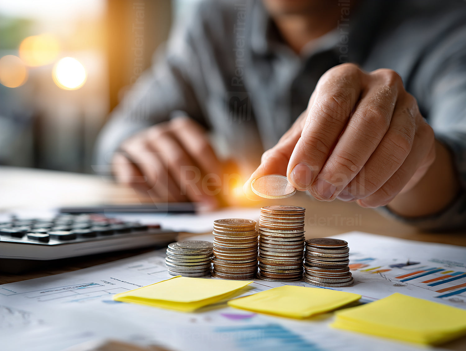 Person stacking coins on a table next to a calculator and financial documents during a warm afternoon