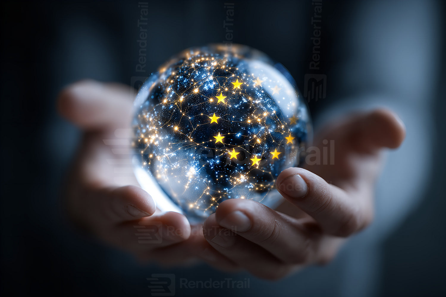 Hands holding a glowing globe showing stars and connections in a dark setting