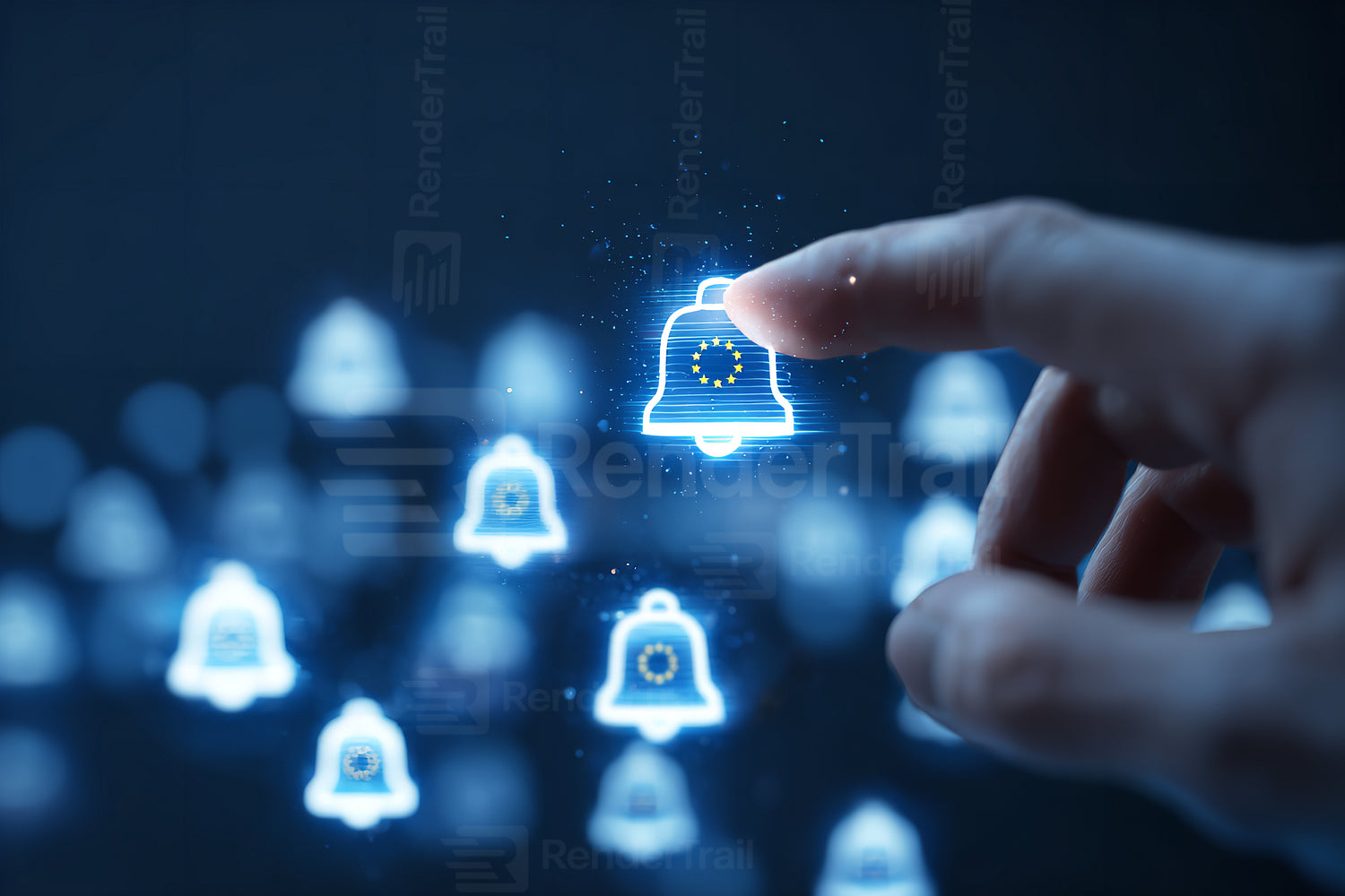 Digital hand interacting with illuminated notification icons displayed on a dark background