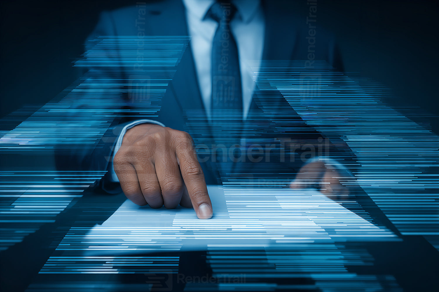 Businessman engaging with digital technology while reviewing documents in a modern office space