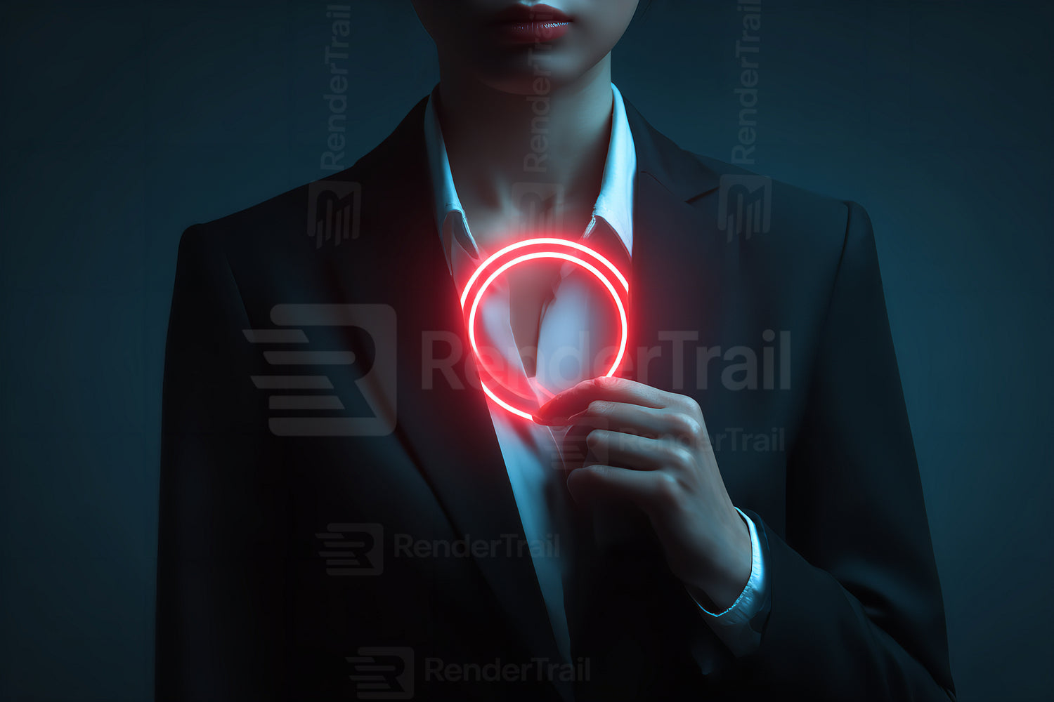 Business professional holding a glowing red circular light during a stylized nighttime setting