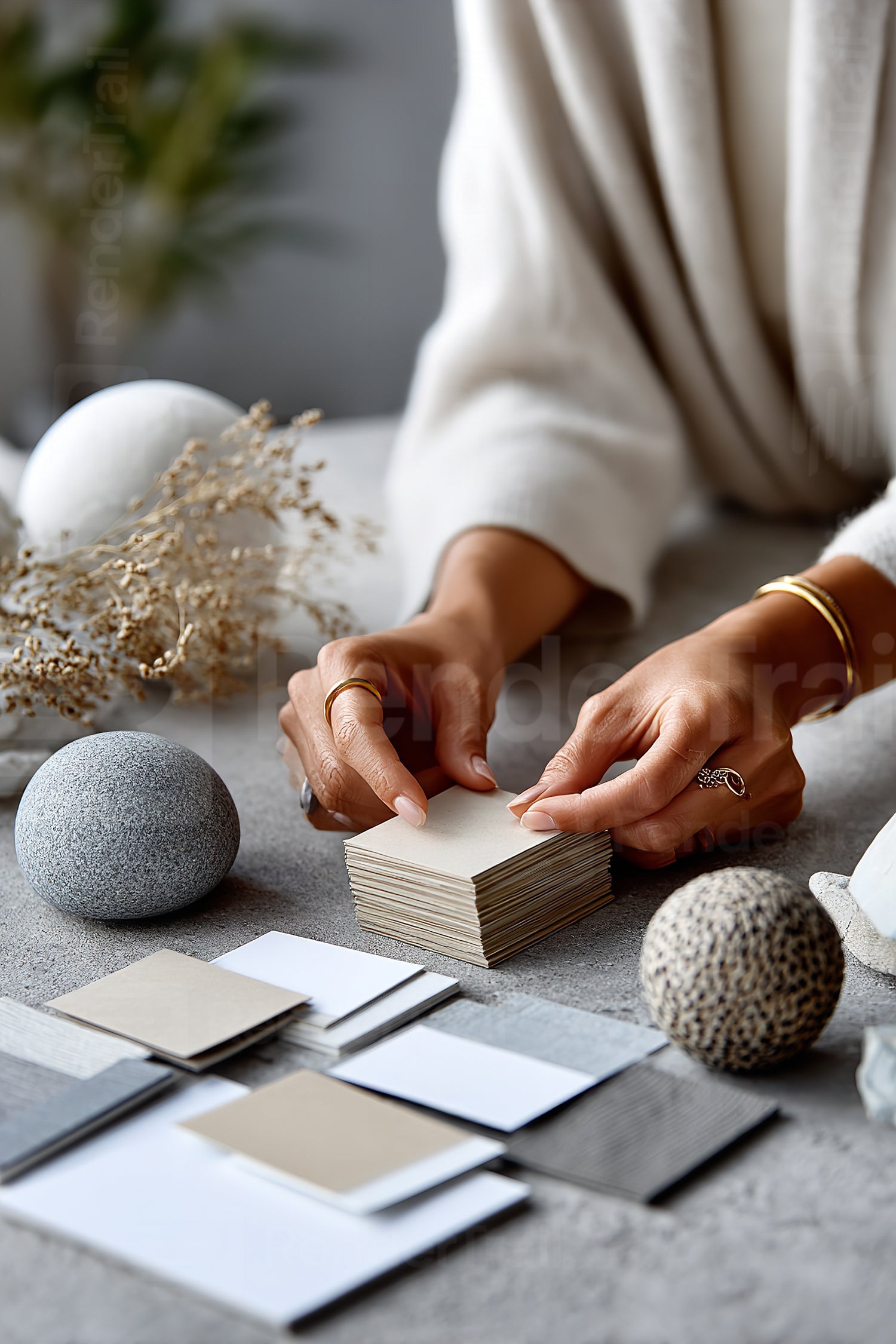 Hands arranging color swatches and decorative stones in a modern workspace during daylight hours
