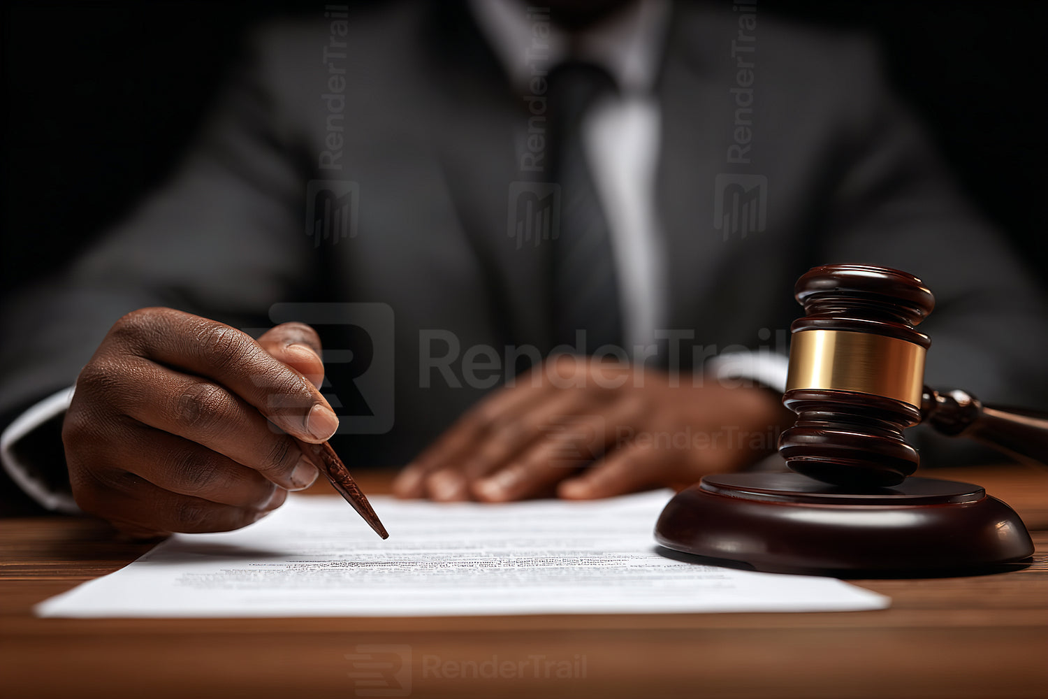 Judge reviewing legal documents while holding a gavel in a court setting during evening hours