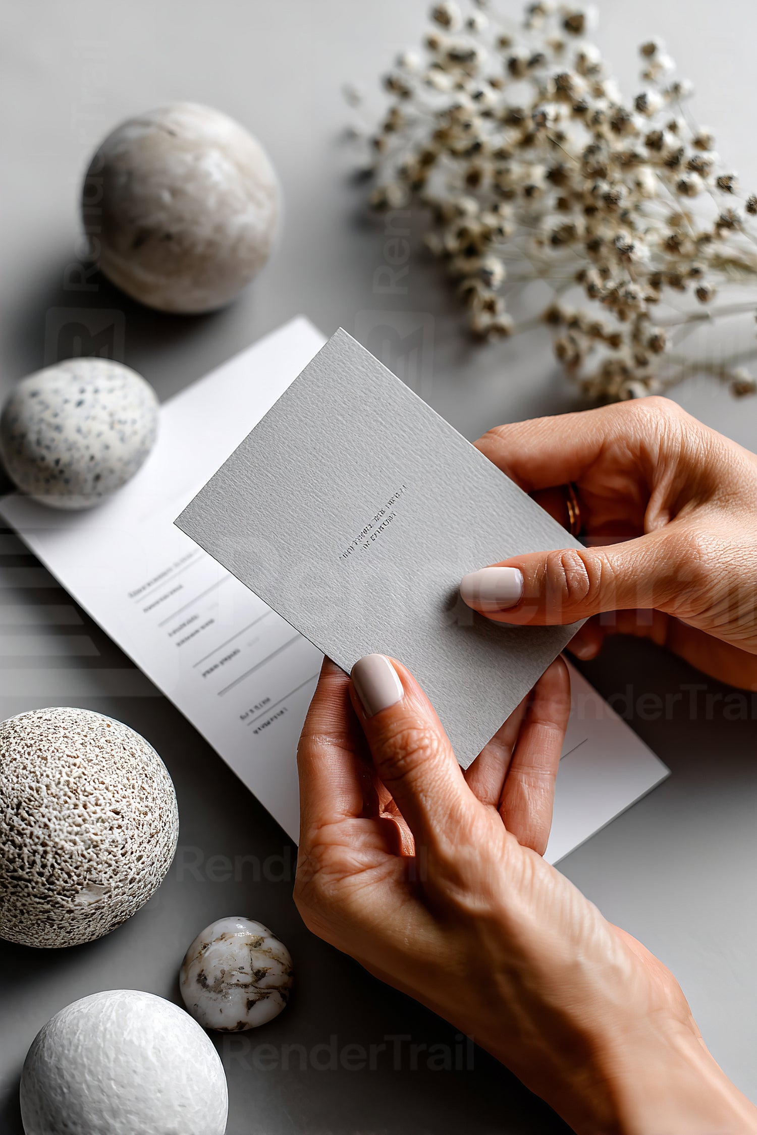 Hands holding a gray card over a decorative arrangement with stones and dried flowers during a creative session