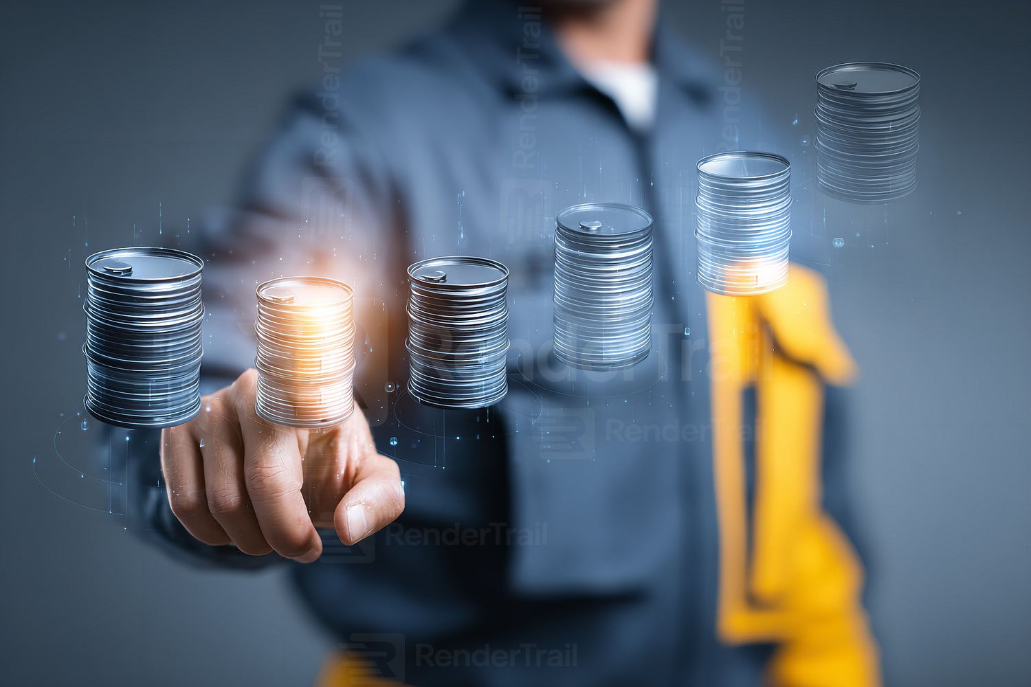 Hands interact with stacks of digital coins, illustrating growth and transformation in finance