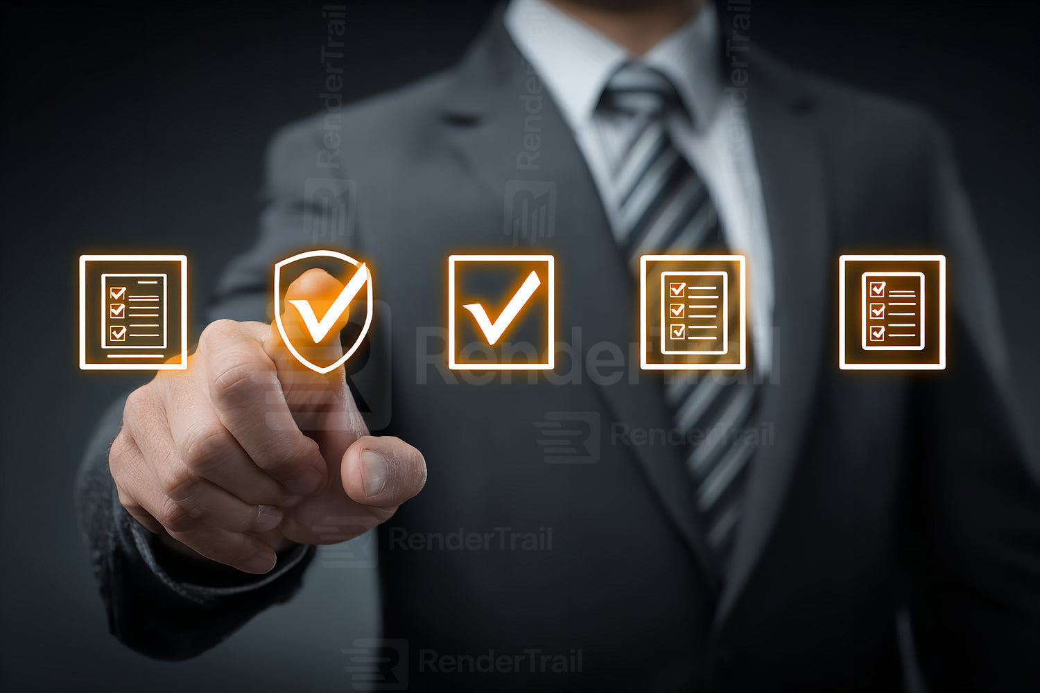 Business professional interacting with digital check marks and security icons in a modern office setting