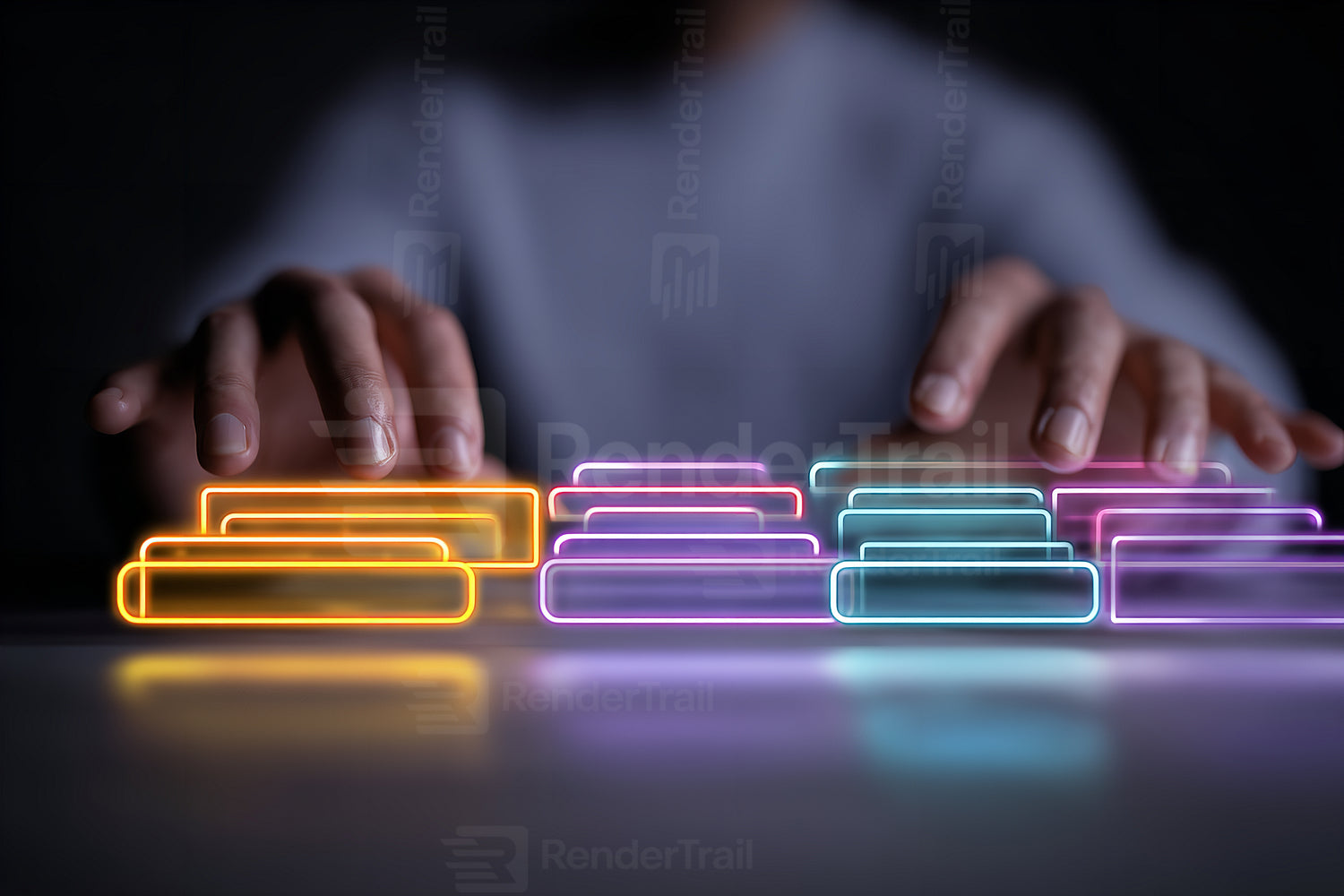 Hands interact with glowing neon buttons in a dark setting creating an engaging digital experience