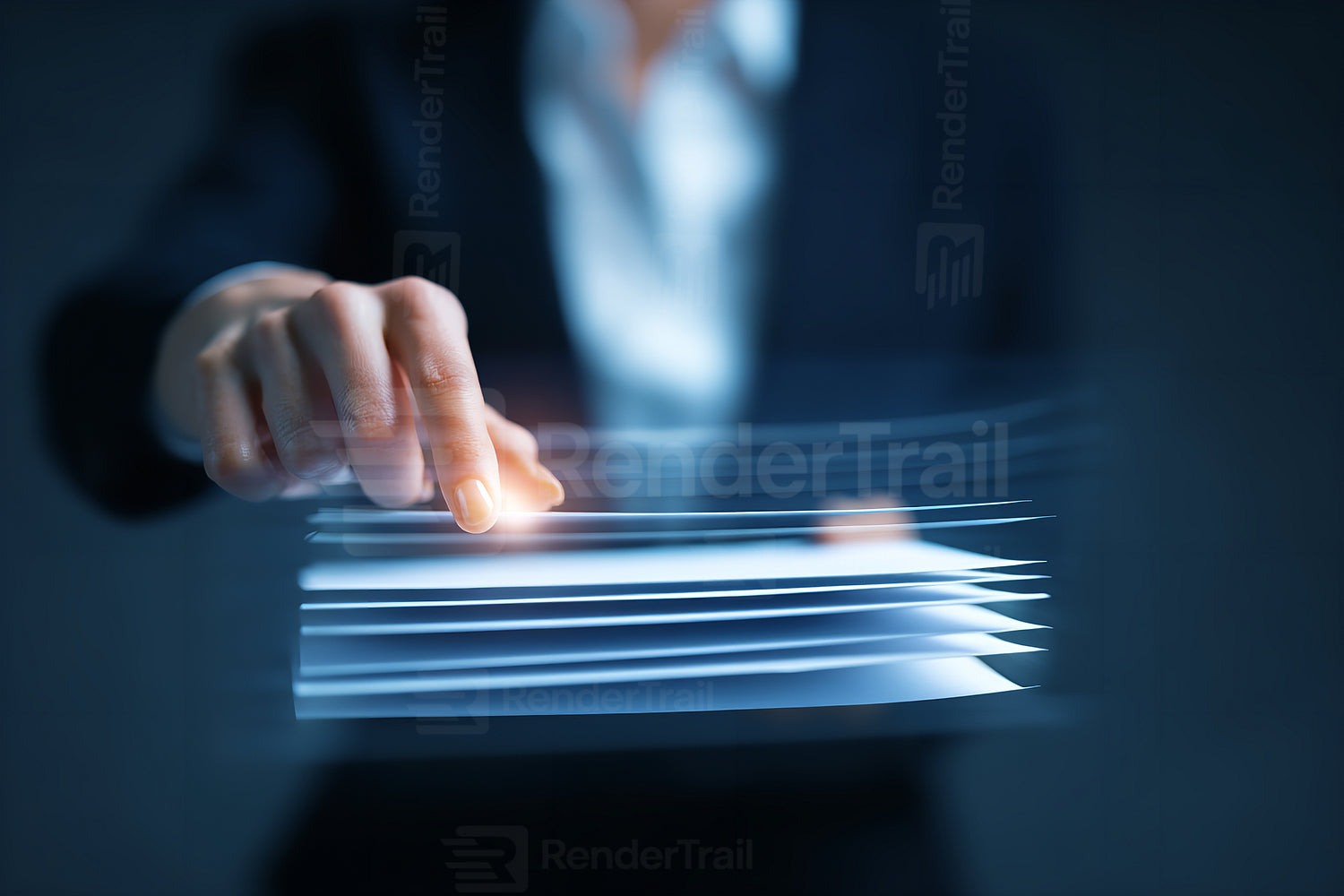 Business professional interacting with virtual documents in a modern office setting at twilight