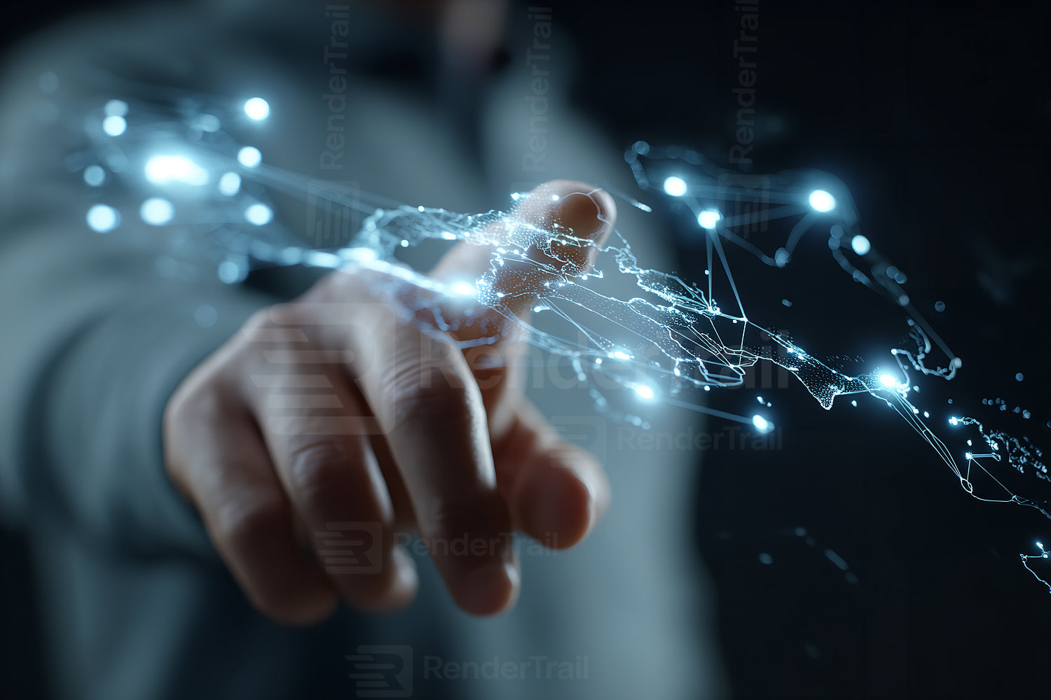 Interactive digital interface showing a hand reaching towards glowing connections and data points in a dark environment