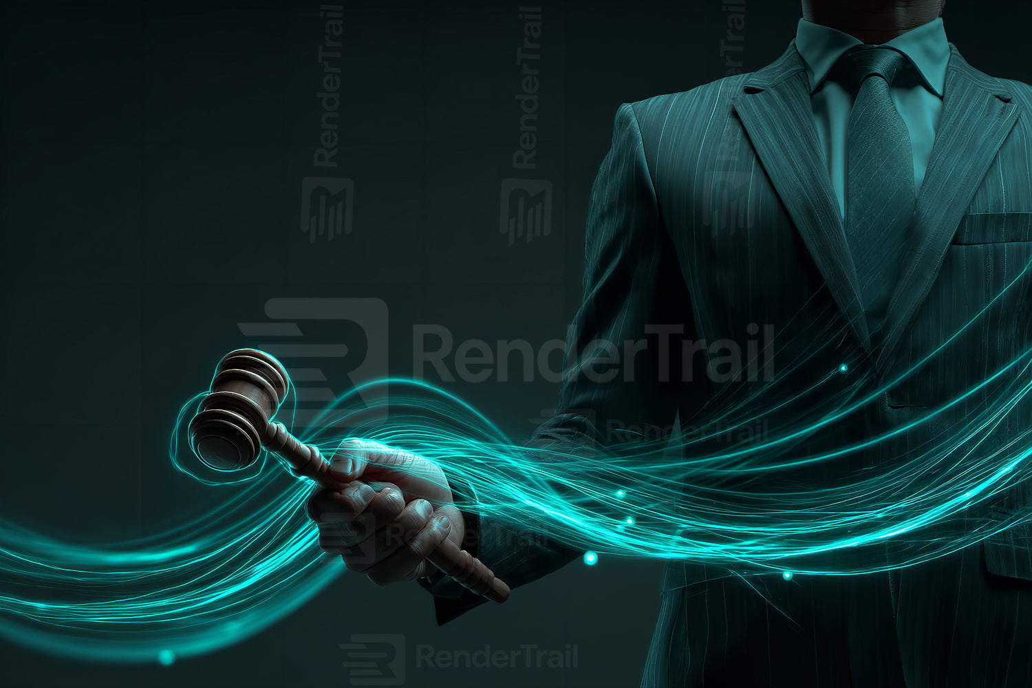 Law professional holding gavel with digital effects in a dark courtroom scene