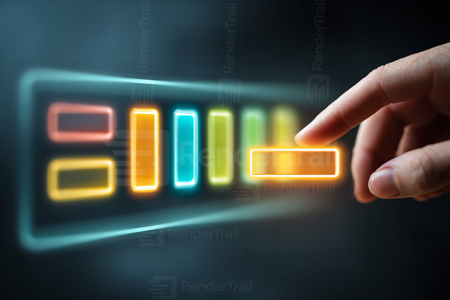 Hand interacting with glowing buttons on a digital screen in a modern tech environment