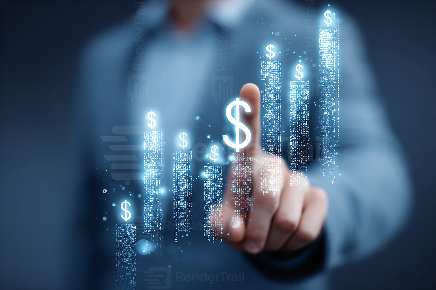 Business professional interacts with digital financial growth graph on screen in modern setting