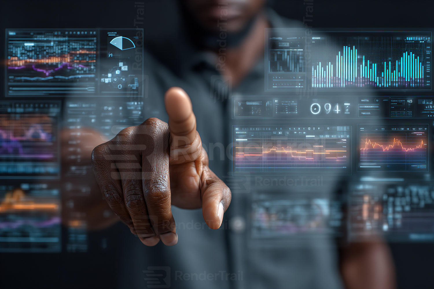 Smart technology interface with data analysis displayed by a person interacting in a modern workspace