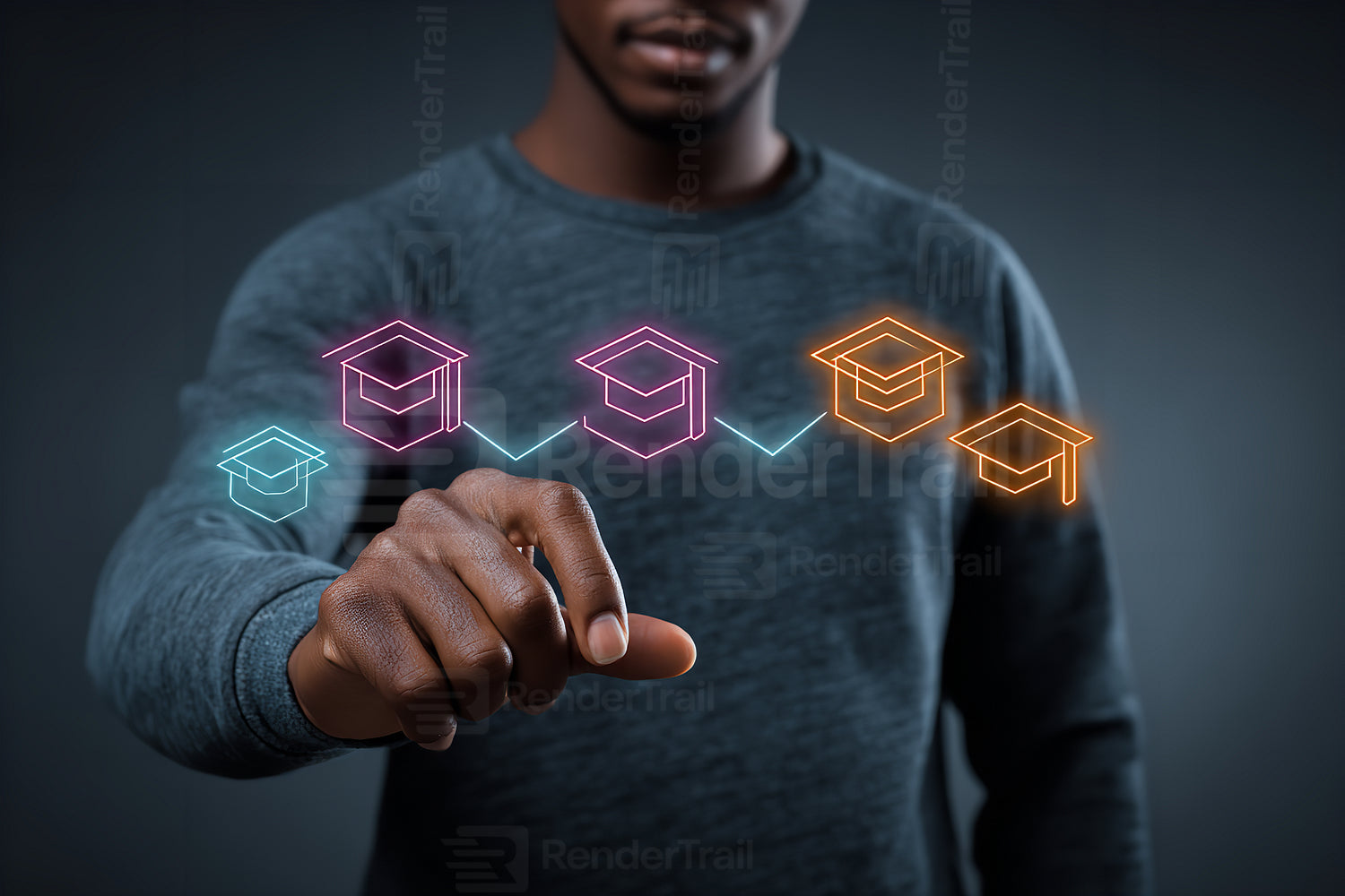 Digital learning journey with graduation caps and technology touch by a student in a modern setting