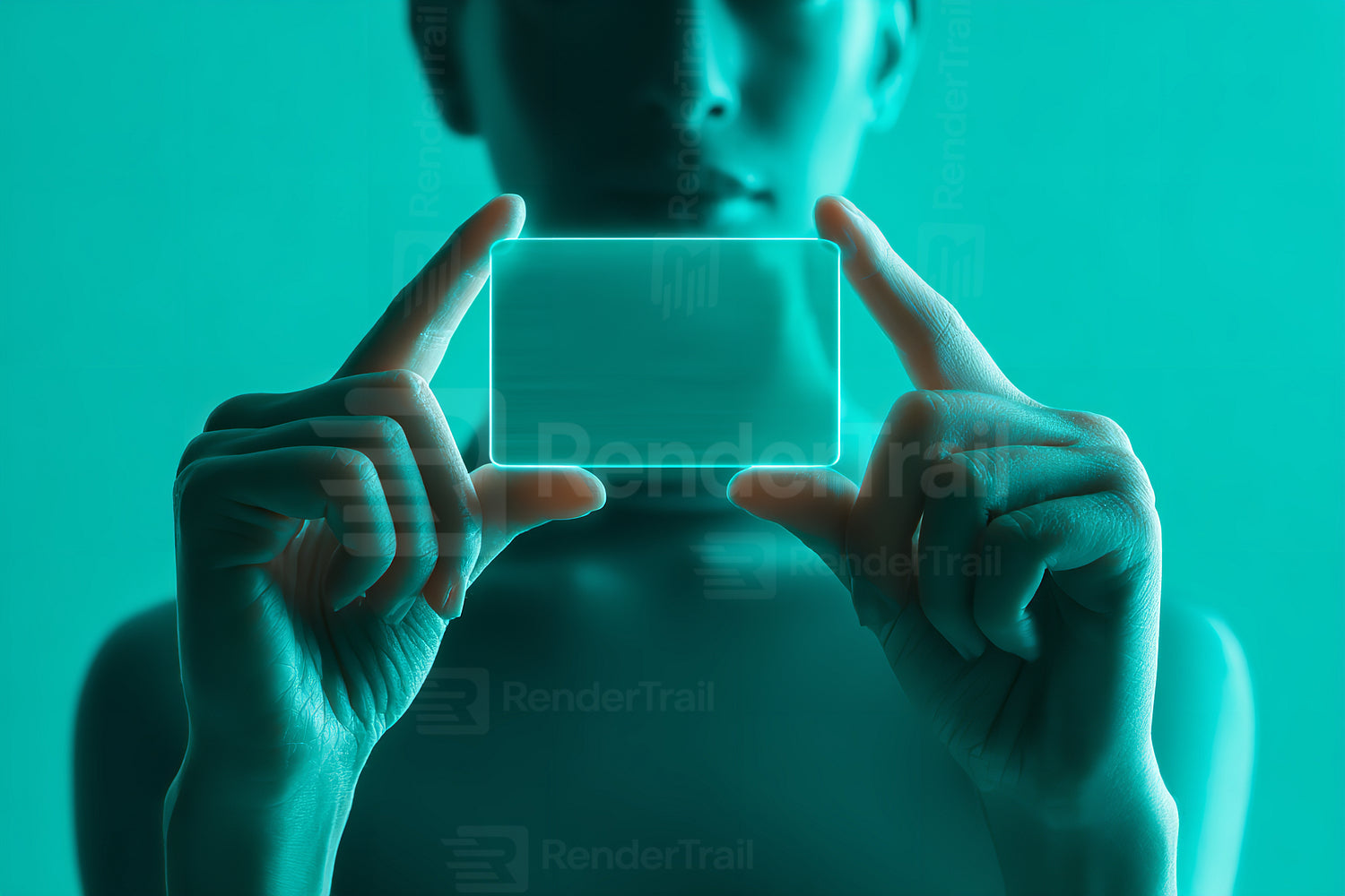 Person holding a transparent card with a glowing blue background during a creative photo session
