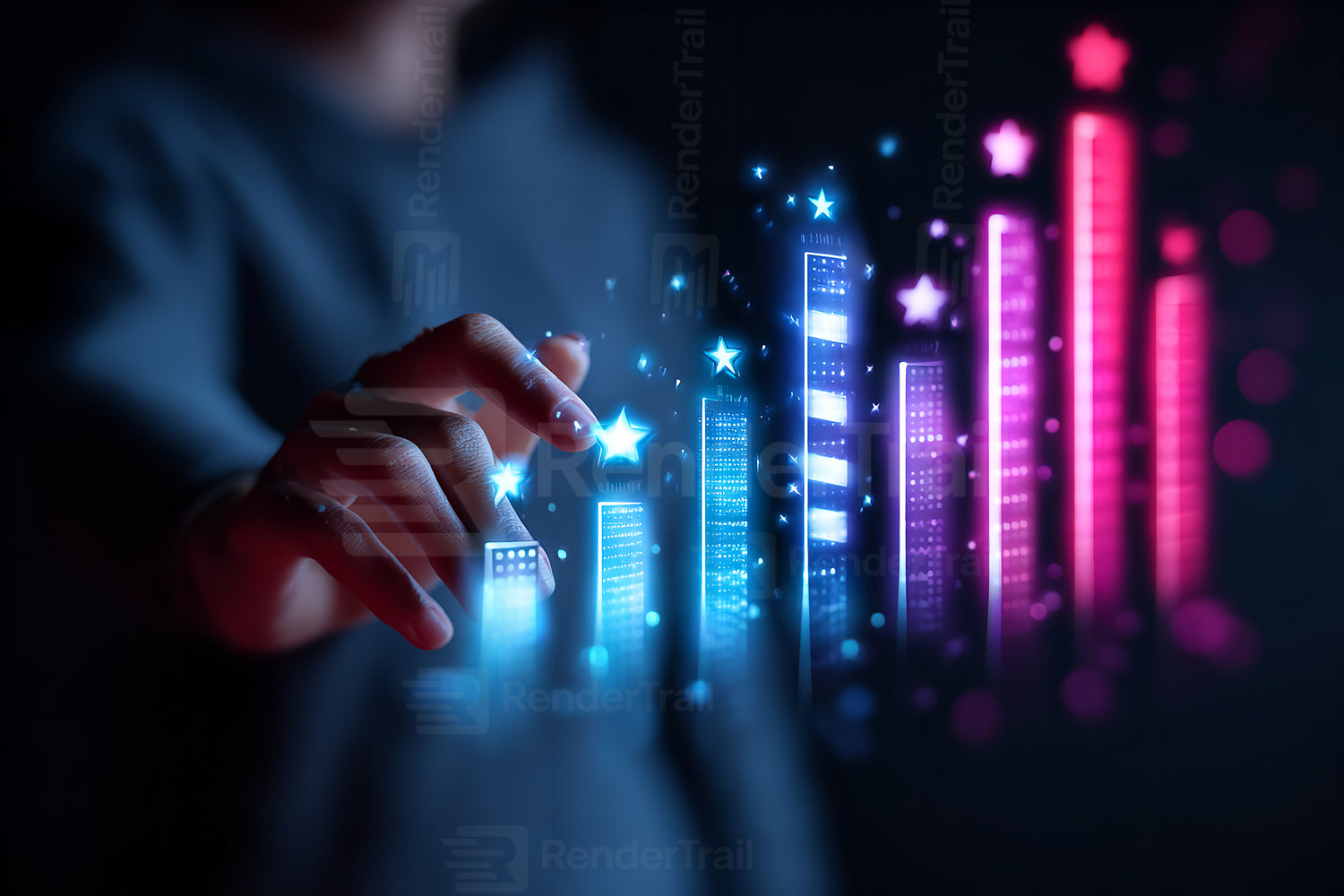 Hand interacting with glowing digital graph in a dark setting showcasing data trends and analysis