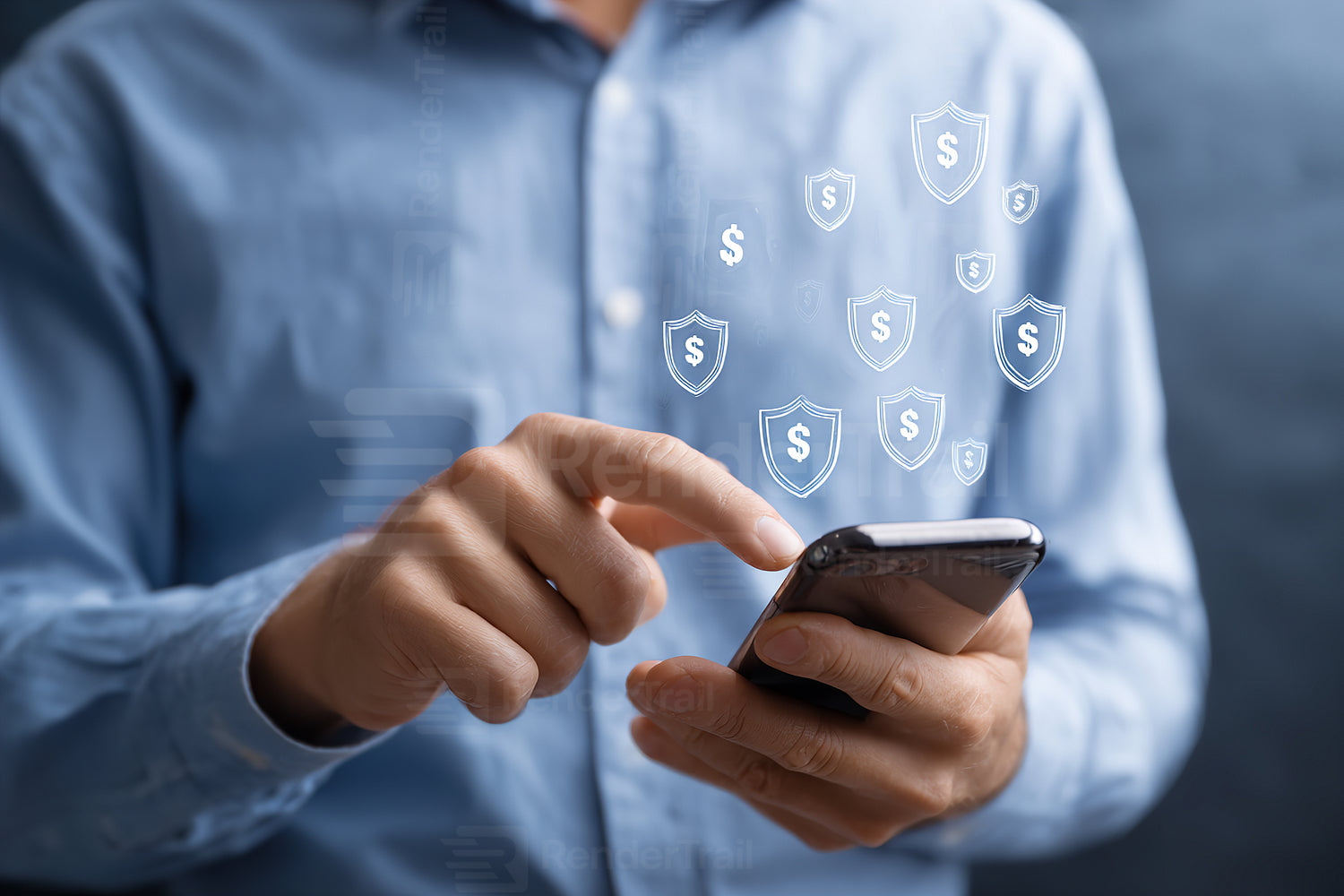 Man interacting with smartphone displaying financial security icons in a modern setting