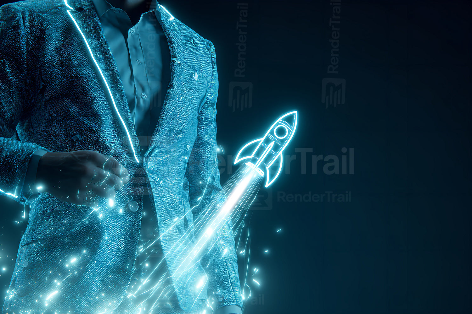 Innovative concept of a businessperson in a stylish suit with a glowing rocket symbolizing success and ambition