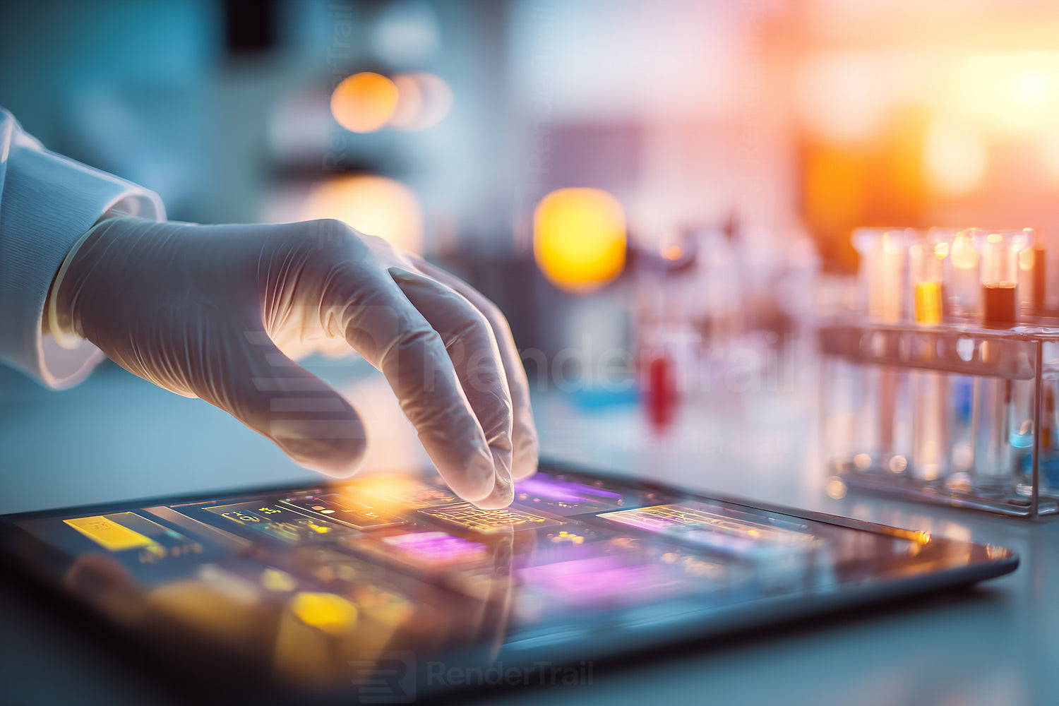 Scientist using a tablet to analyze data in a laboratory during evening light hours
