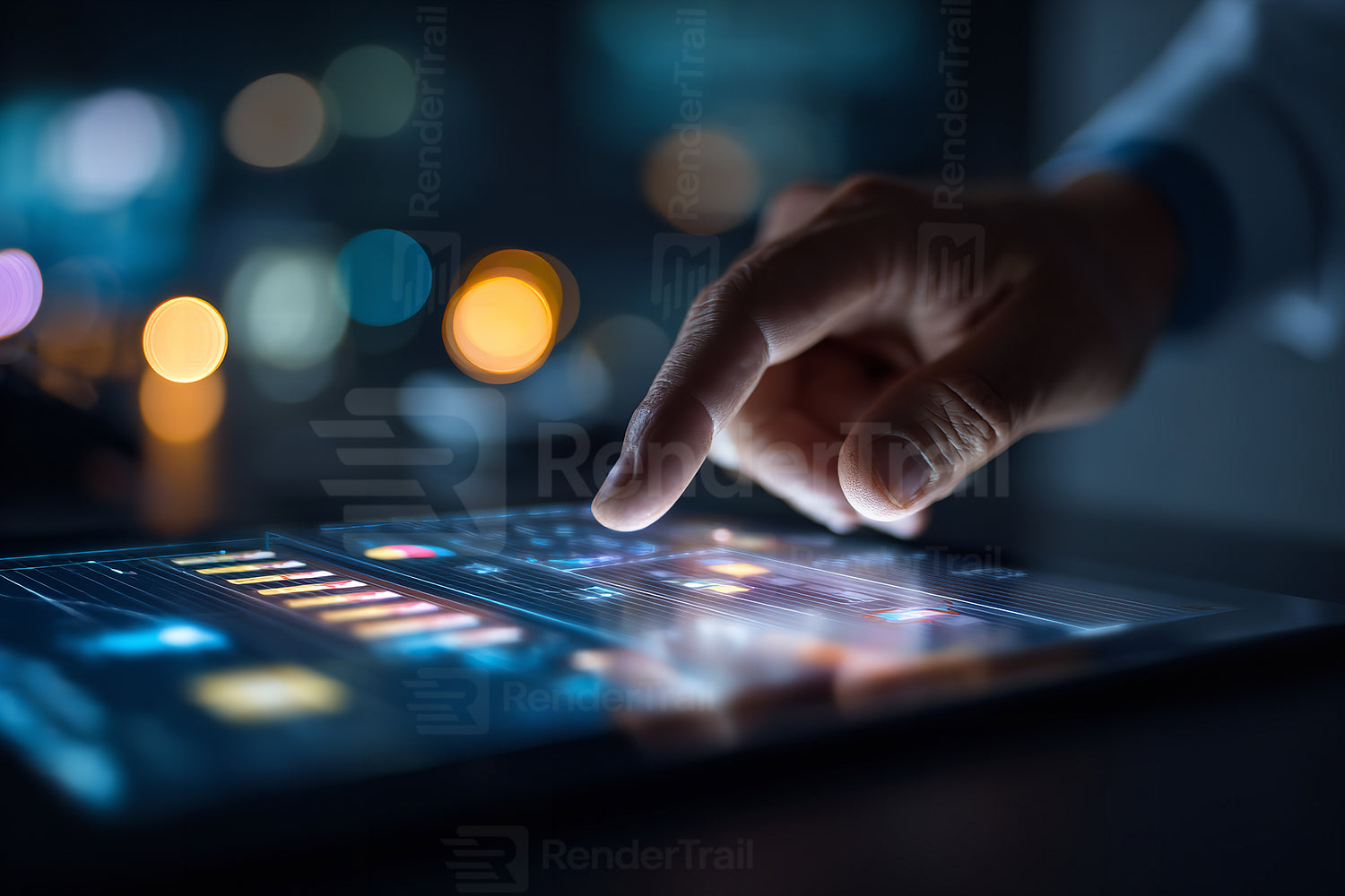 Person using touchscreen device in a modern workspace during evening hours