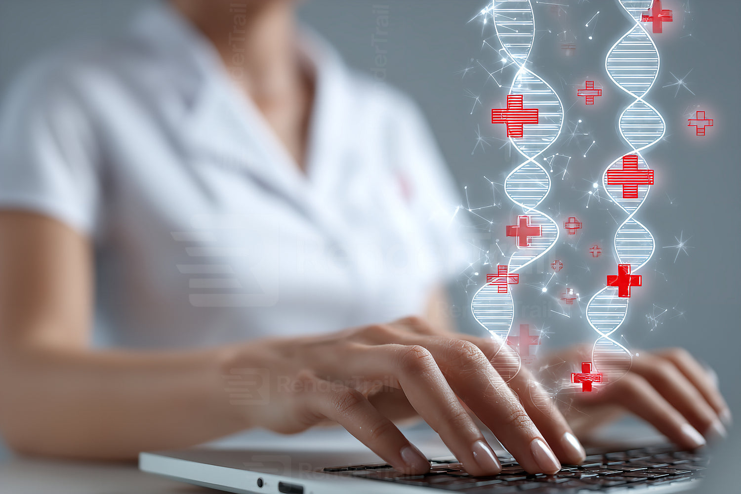 Healthcare professional using laptop for medical research with DNA strands in focus