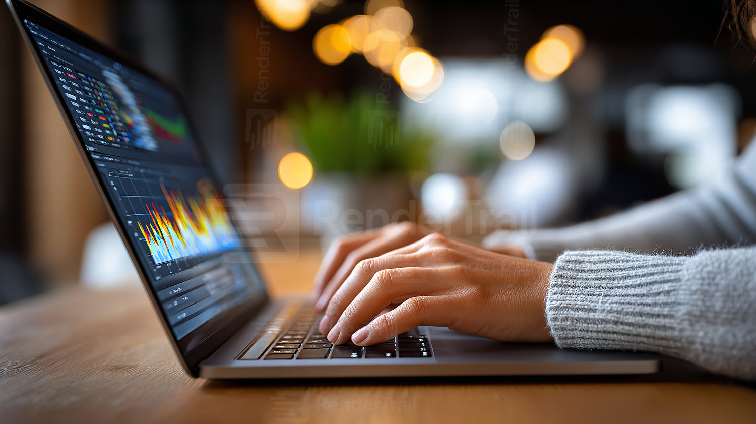 Person working on laptop analyzing data in a cozy workspace filled with warm lights