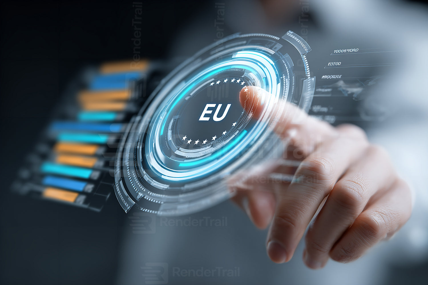Interactive touch screen display showcasing European Union data and statistics in a modern work environment
