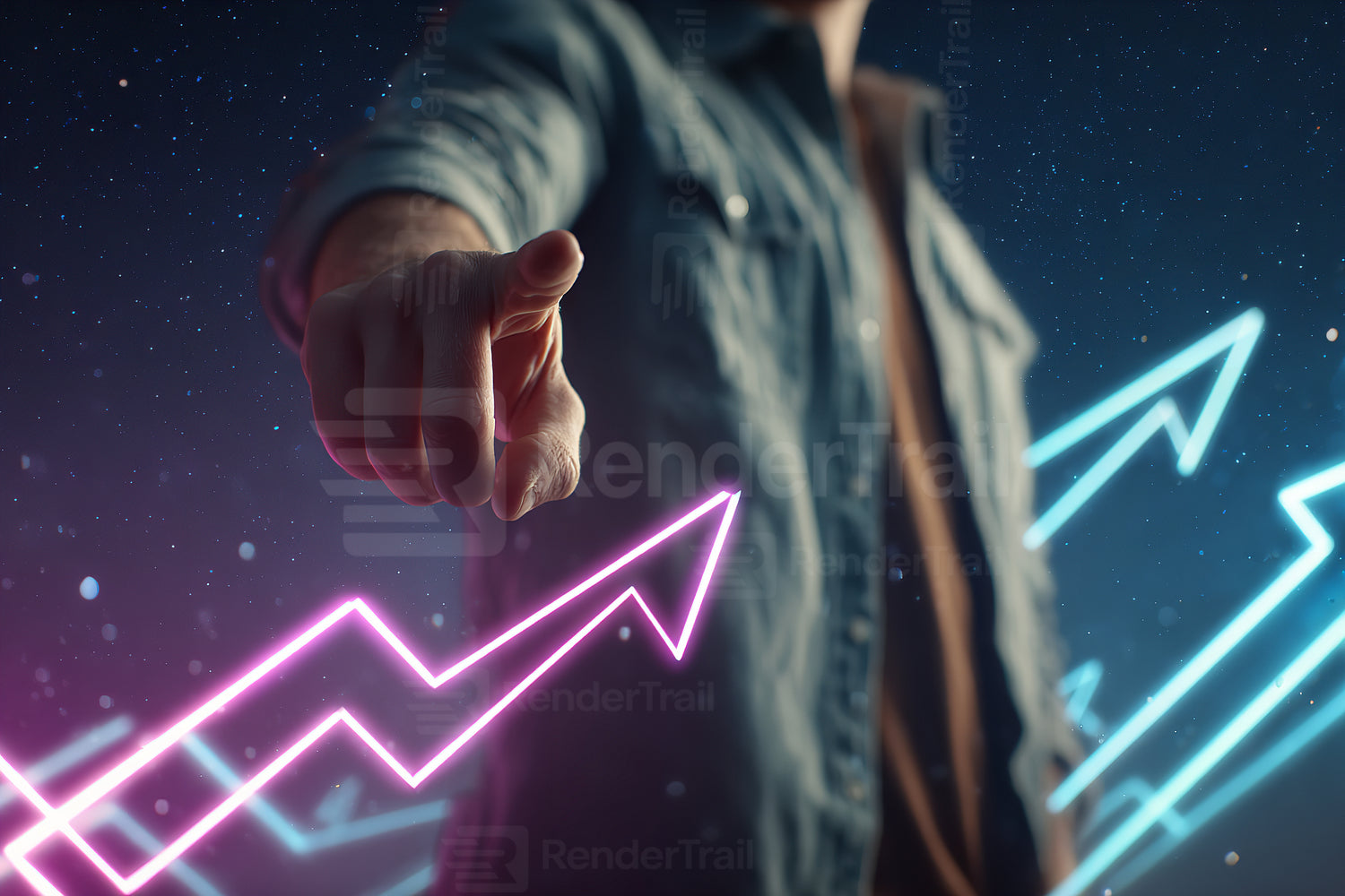 Man pointing at glowing growth arrows in a digital environment at night