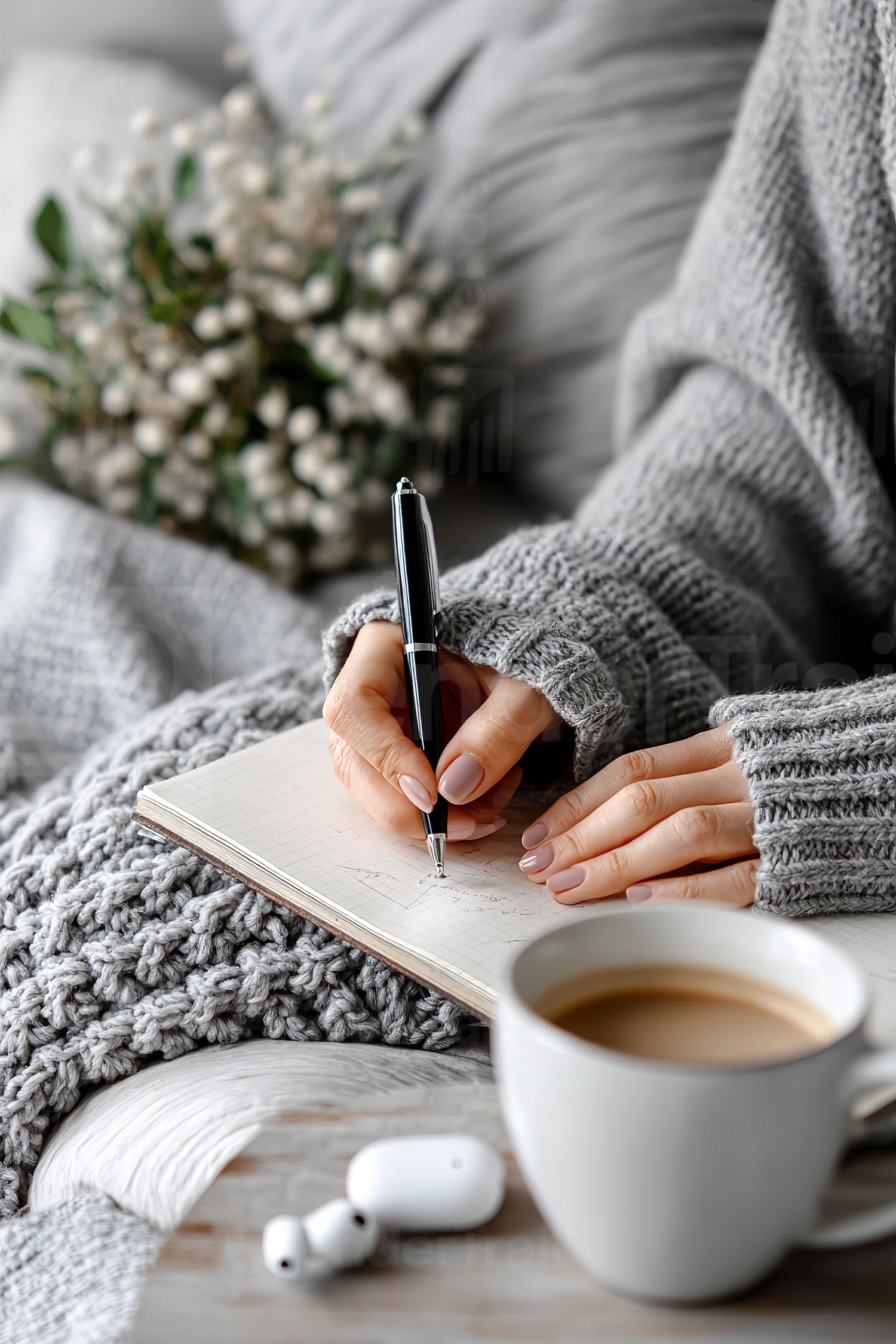 Cozy indoor scene with warm drink and journaling during winter afternoon