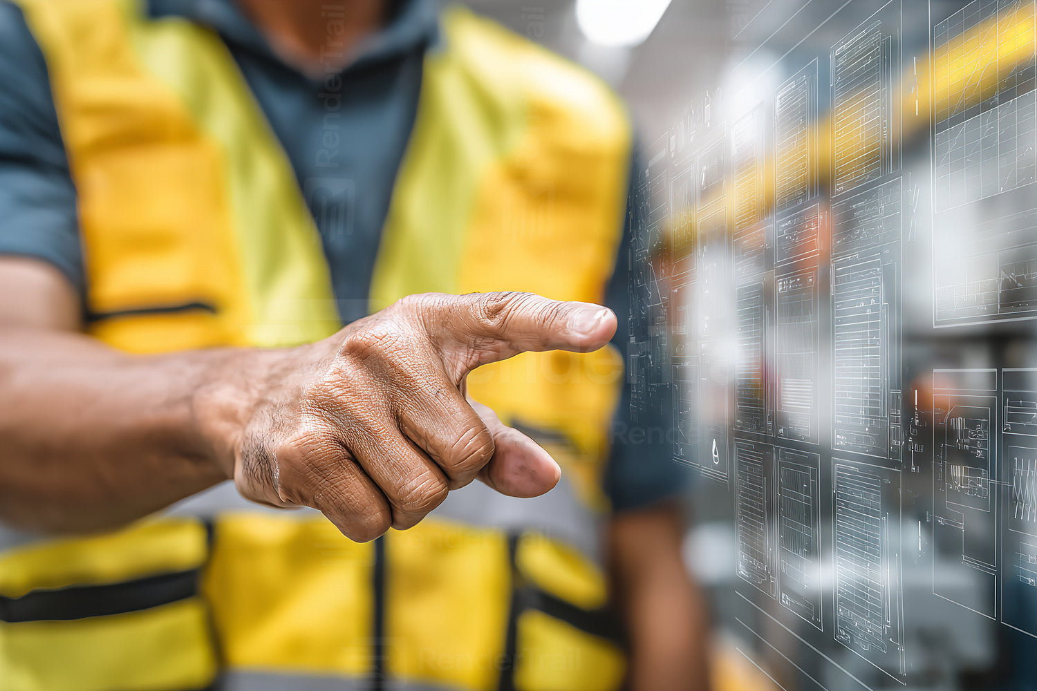 Worker interacting with digital interface in a modern warehouse setting during the day