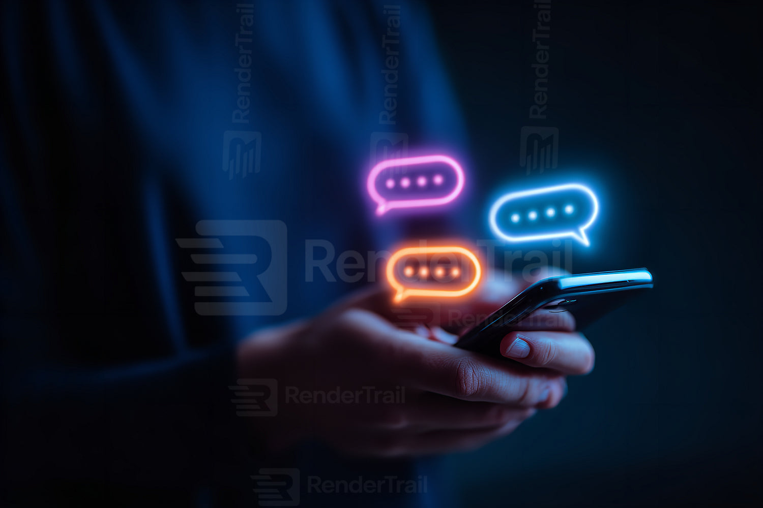 People engage in digital communication using a smartphone with glowing chat bubbles in a dark setting at night