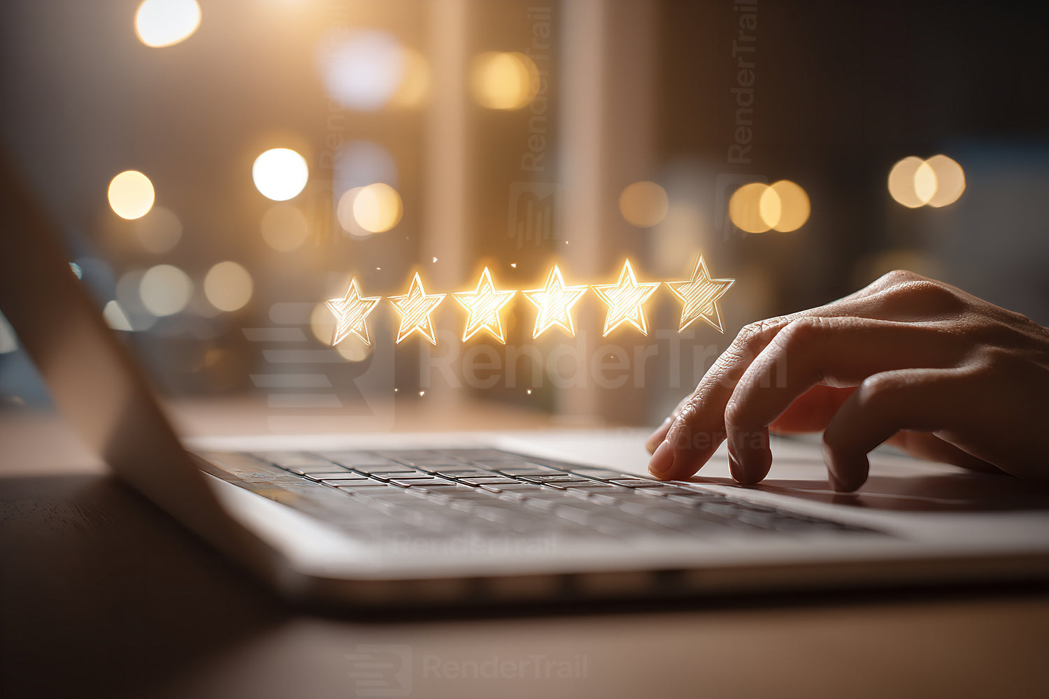 User typing a review on a laptop while stars symbolize ratings in a cozy evening setting
