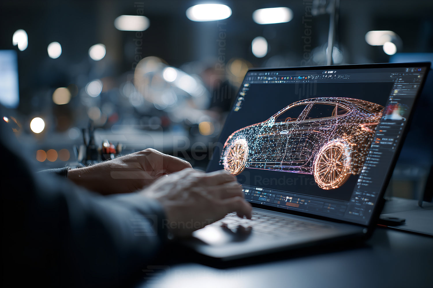 Designing a modern car model through digital visualization at a workspace in the evening