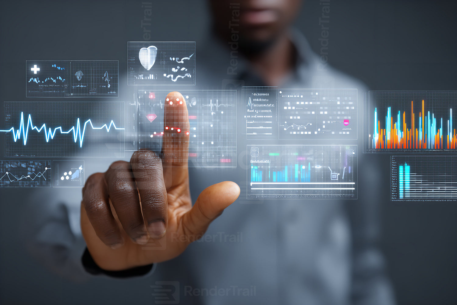 Digital healthcare technology in action as a man interacts with patient data screens at a modern clinic