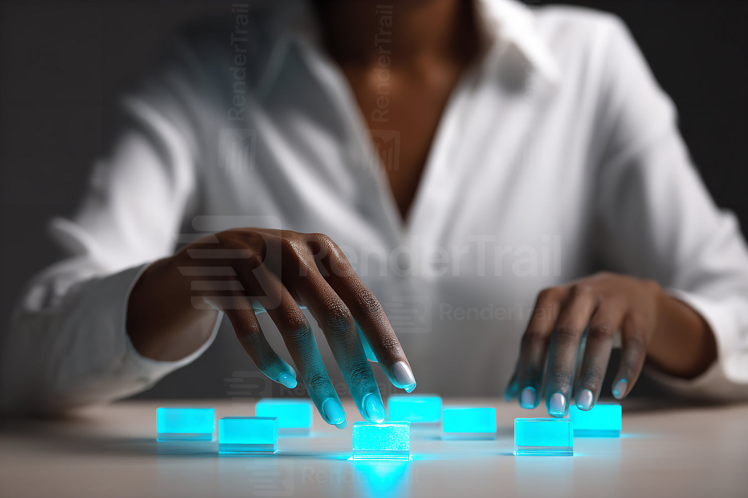 Woman interacts with glowing tiles on a table during an artistic session in an indoor space