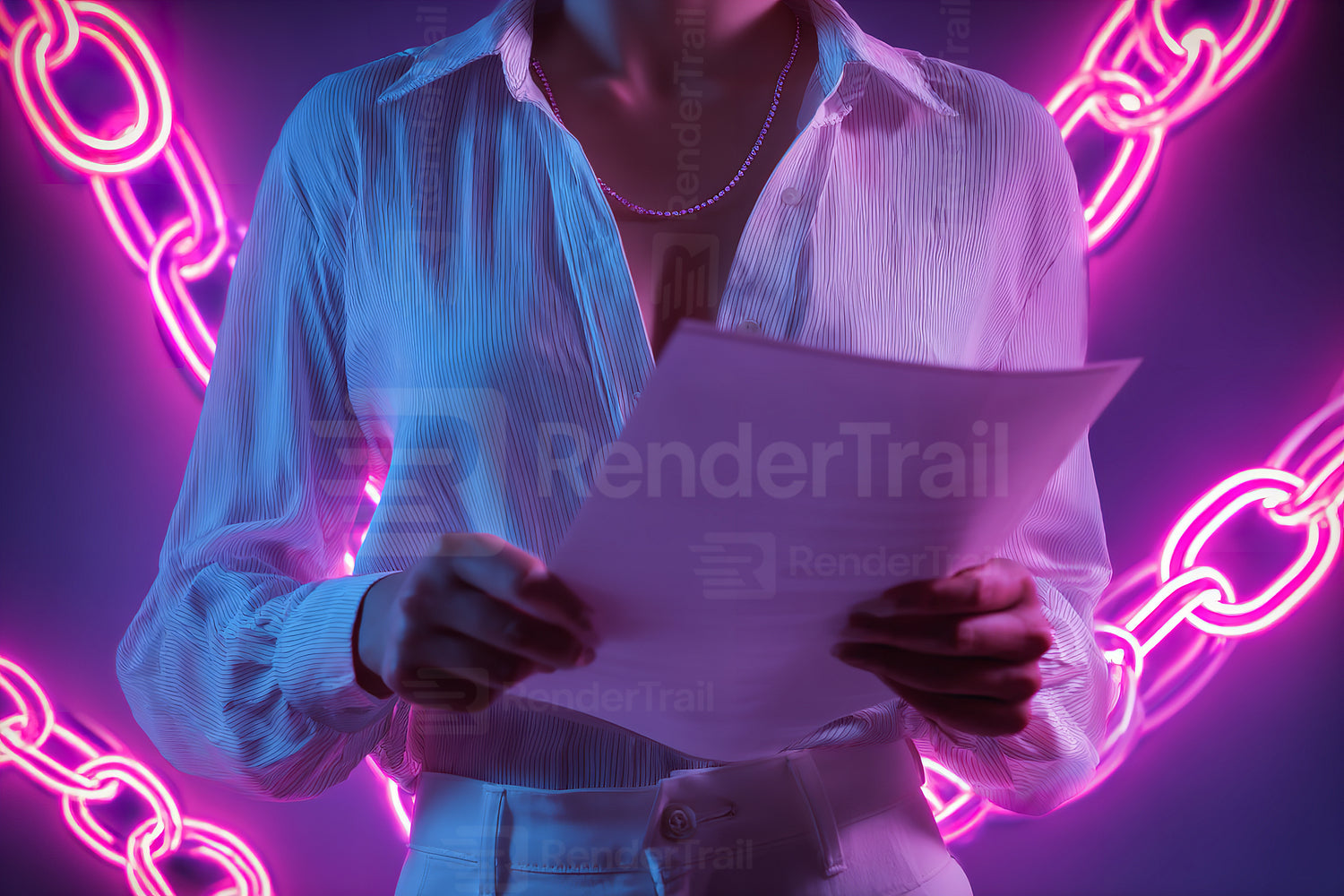 Person holding paper in front of neon pink chain backdrop during a creative studio session