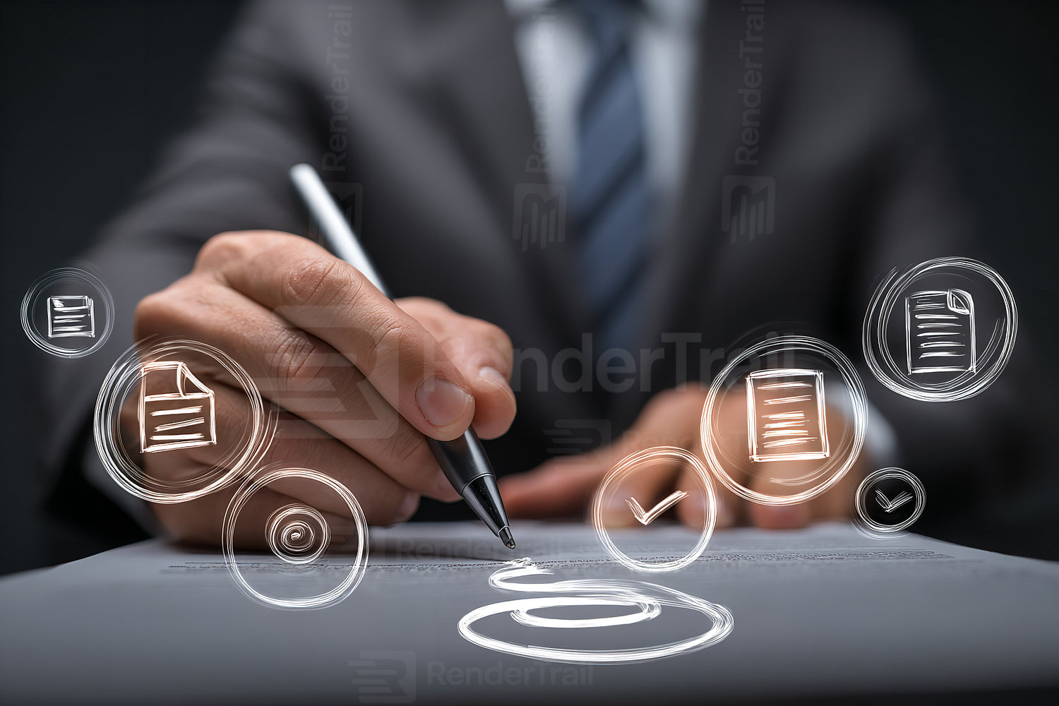 Business professional signing documents while surrounded by icons representing tasks and approvals